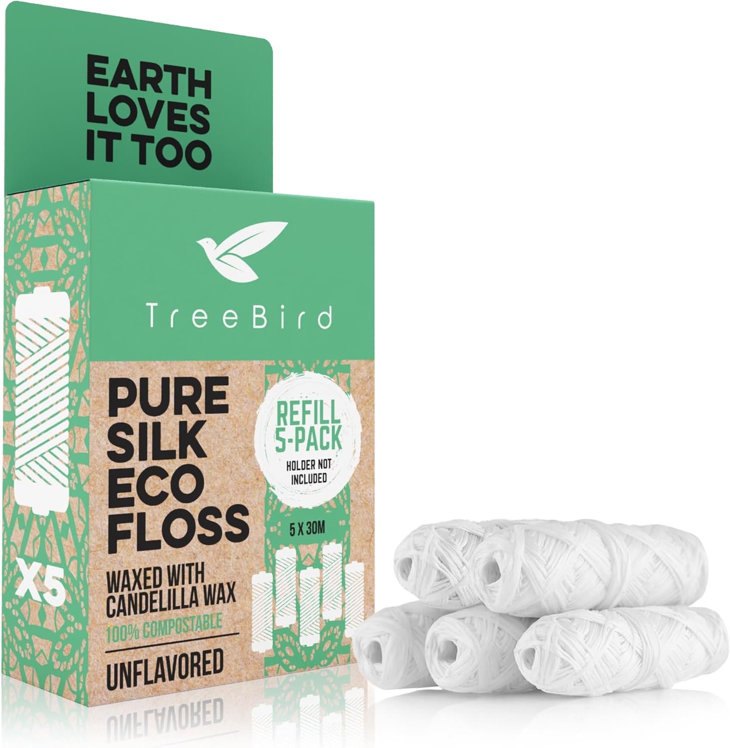TreeBird Unflavored Pure Silk Eco Floss Refills | Pack of 5 x 33yd Silk Dental Floss Spools | Waxed with Candelilla Wax