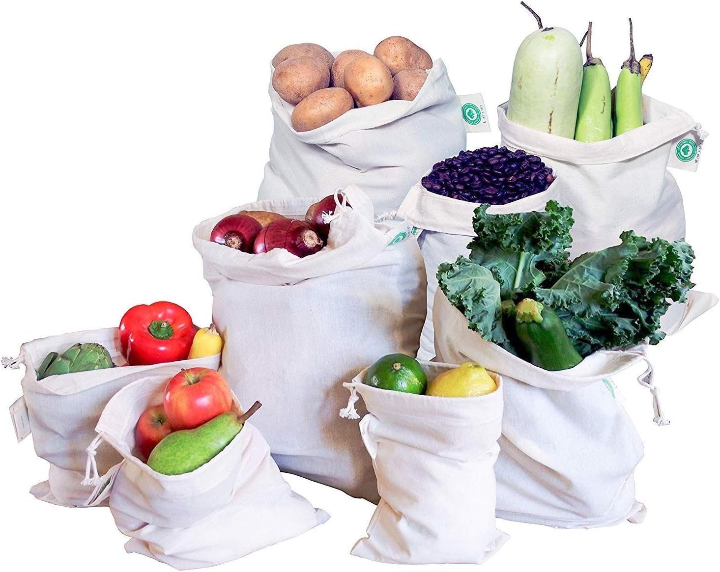 Reusable Cloth Produce Bags – Organic Cotton Cloth Vegetable Bags – Reusable Bulk Sacks for Grocery and Produce – Flour Sack Cotton Muslin Vegetable Storage Sacks (2 XL, 2 L, 2 M, 2 S)