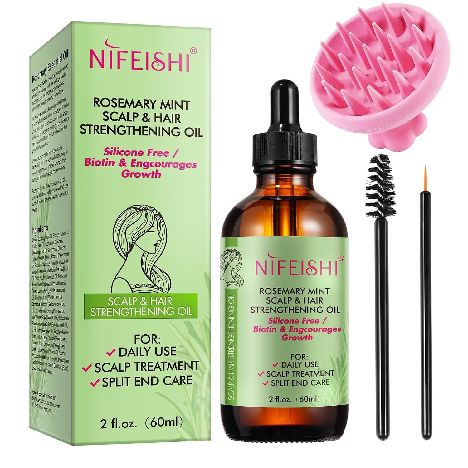 NIFEISHI Rosemary Oil for Hair Growth & Strengthening, Organic 60ml, Rosemary Mint Essential Oil for Scalp, Hair , Eyelashs, Eyebrows, Skin, Body Massage