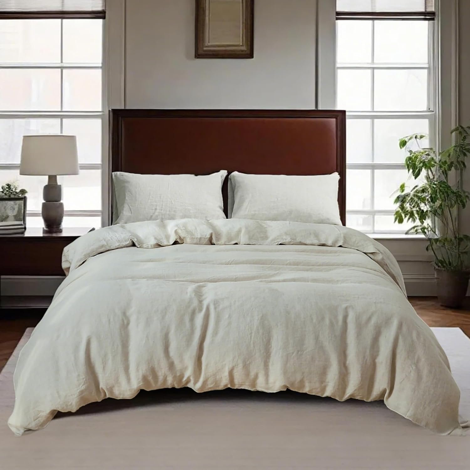 QKTE 100% Linen Duvet Cover Set, 3 PCS Natural French Flax Linen Duvet Cover Queen Size, Breathable Soft Comfy Linen Bedding Comforter Cover with 2 Pillowcases(Linen, 88″ x 92″)