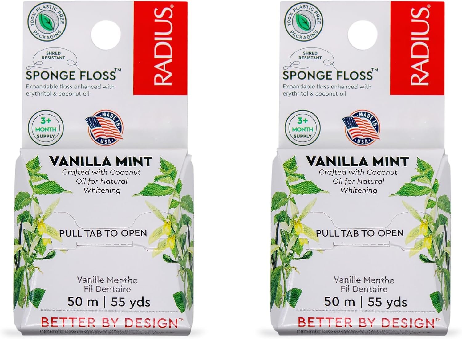RADIUS Vegan Sponge Floss, Soft Expanding Dental Floss for Sensitive Gums and Tight Teeth, PFAS Free, Vegan, Plastic Free Packaging, 50m / 55 yd, Vanilla Mint, Pack of 2