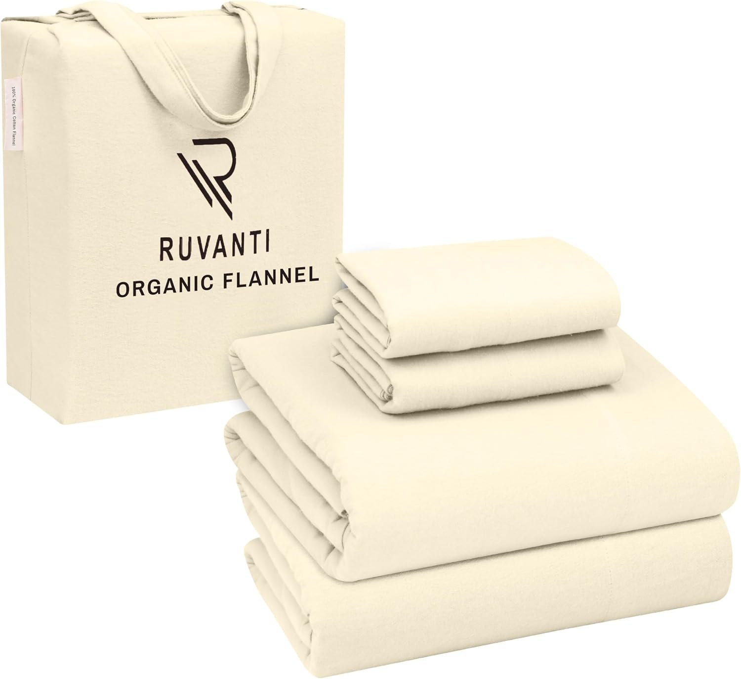 RUVANTI Flannel Sheets Queen Size – GOTS Certified 100% Organic Cotton, 4 Piece Warm, Soft & Breathable Set, Deep Pocket Snug Fit, Double Brushed Cozy All Season Bedding, Winter White
