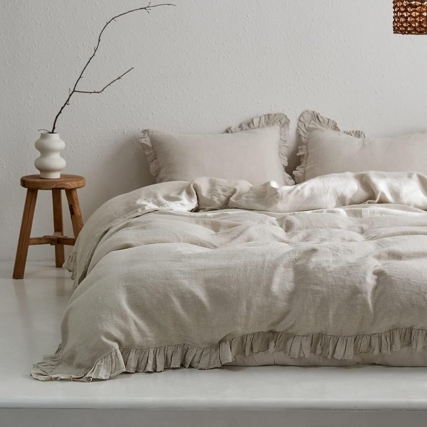 Simple&Opulence 100% Linen Duvet Cover Set, Natural French Flax Ruffle Duvet Cover Twin Size, Breathable Comfy Linen Bedding Comforter Cover with 1 Pillowcase (Natural Linen, 68″x86″)
