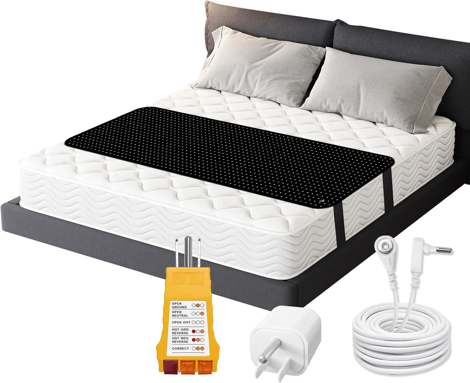 Grounding Mat for Bed,PU Leather Grounding Mattress Cover 27″x78″ with Outlet Tester,Adapter,Cord