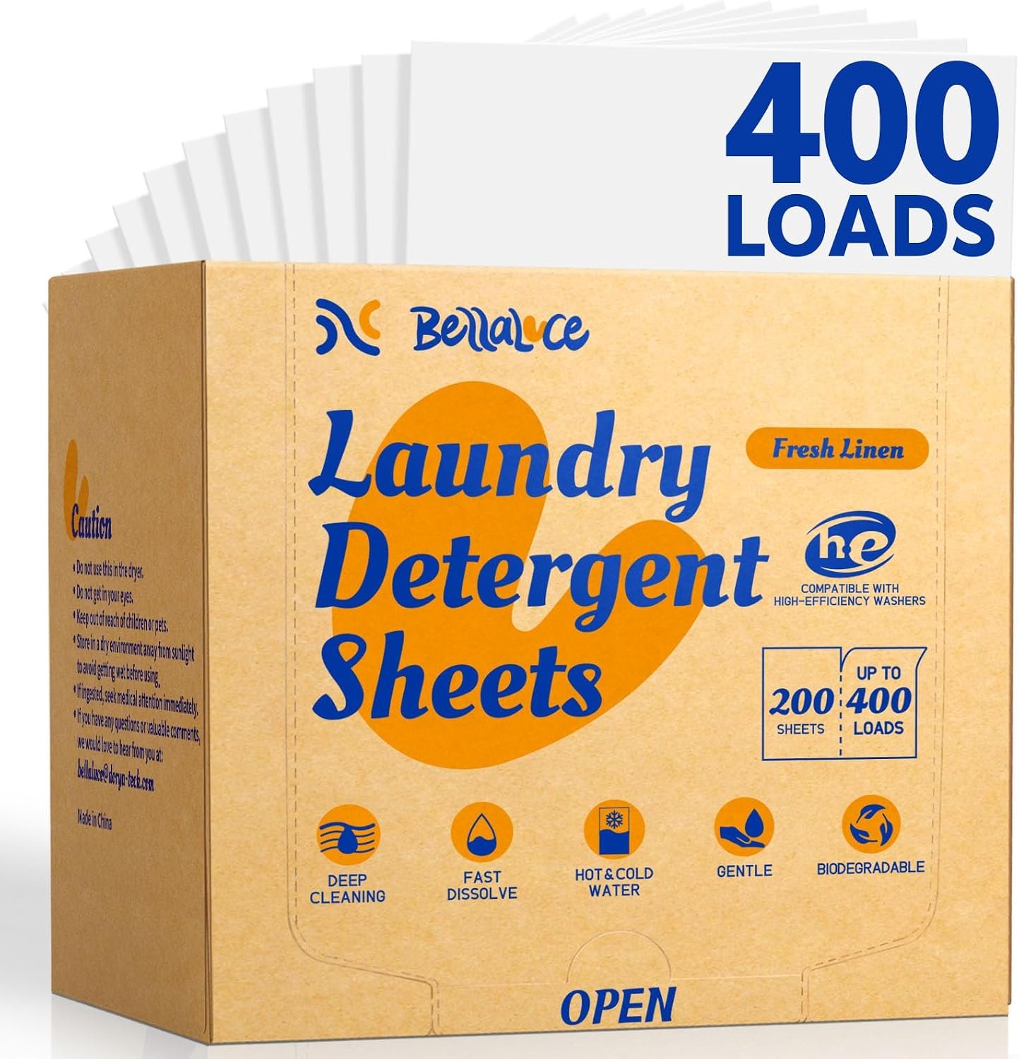 BellaLuce Laundry Detergent Sheets -Fresh Linen Scent, 400 Loads