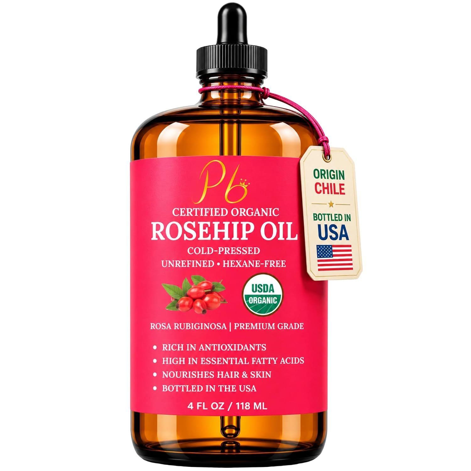 Rosehip Oil, USDA Organic Rosehip Seed Oil for Face, Skin & Hair 4 fl oz