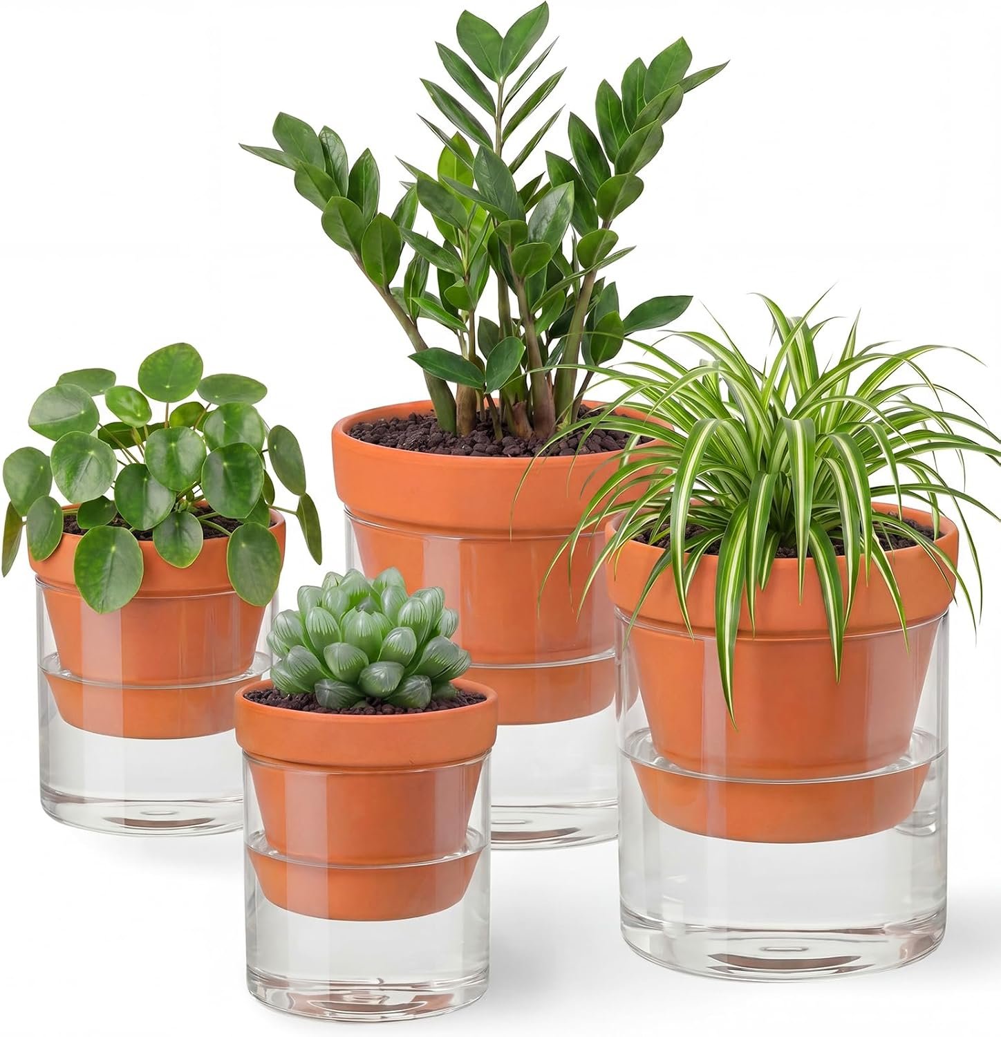 Nuogo 4 Inch 6 Inch 4 Pack Self Watering Pot for Indoor Plants Terracotta Clay Pot with Cylinder Glass Reservoir Cylinder Terracotta Planter with Glass Vase for Indoor Outdoor Plants Herbs Flowers