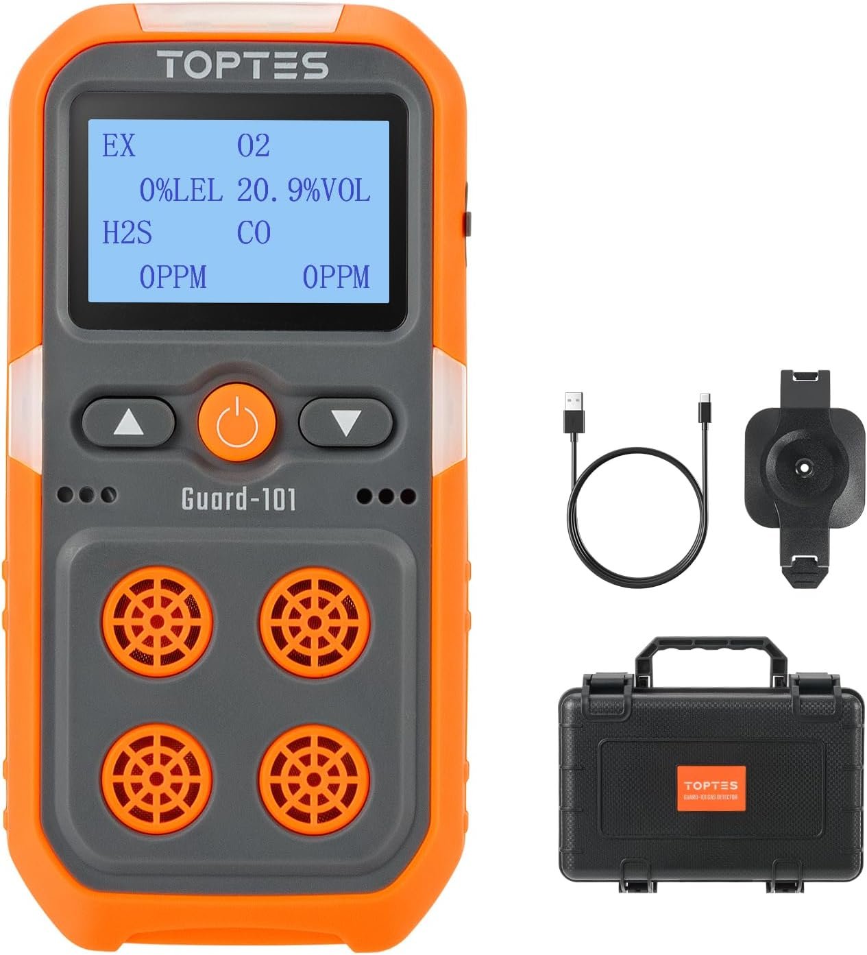 TopTes Guard-101 Gas Detector, 4 Gas Monitor for H2S, CO, LEL and O2, with Vibration, Visual and Audible Alarms, 14h Long Battery Life, Safety Explosion-Proof, for Work, Home – Orange