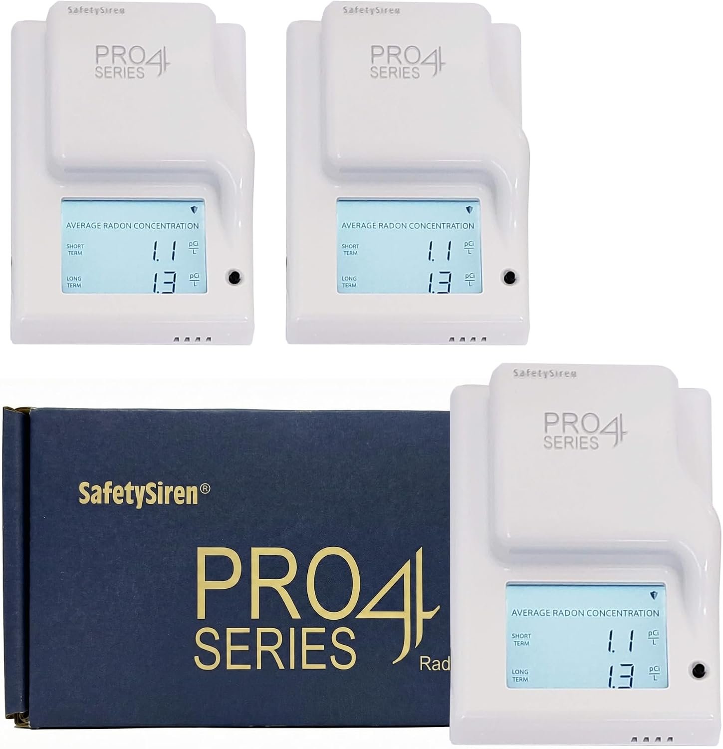 Safety Siren Pro4 Radon Gas Detector for Home, Continuous Indoor Radon Monitoring with Digital Display, LED Alerts, Long-Term Tracking and Alarm Functions – Pack of 3
