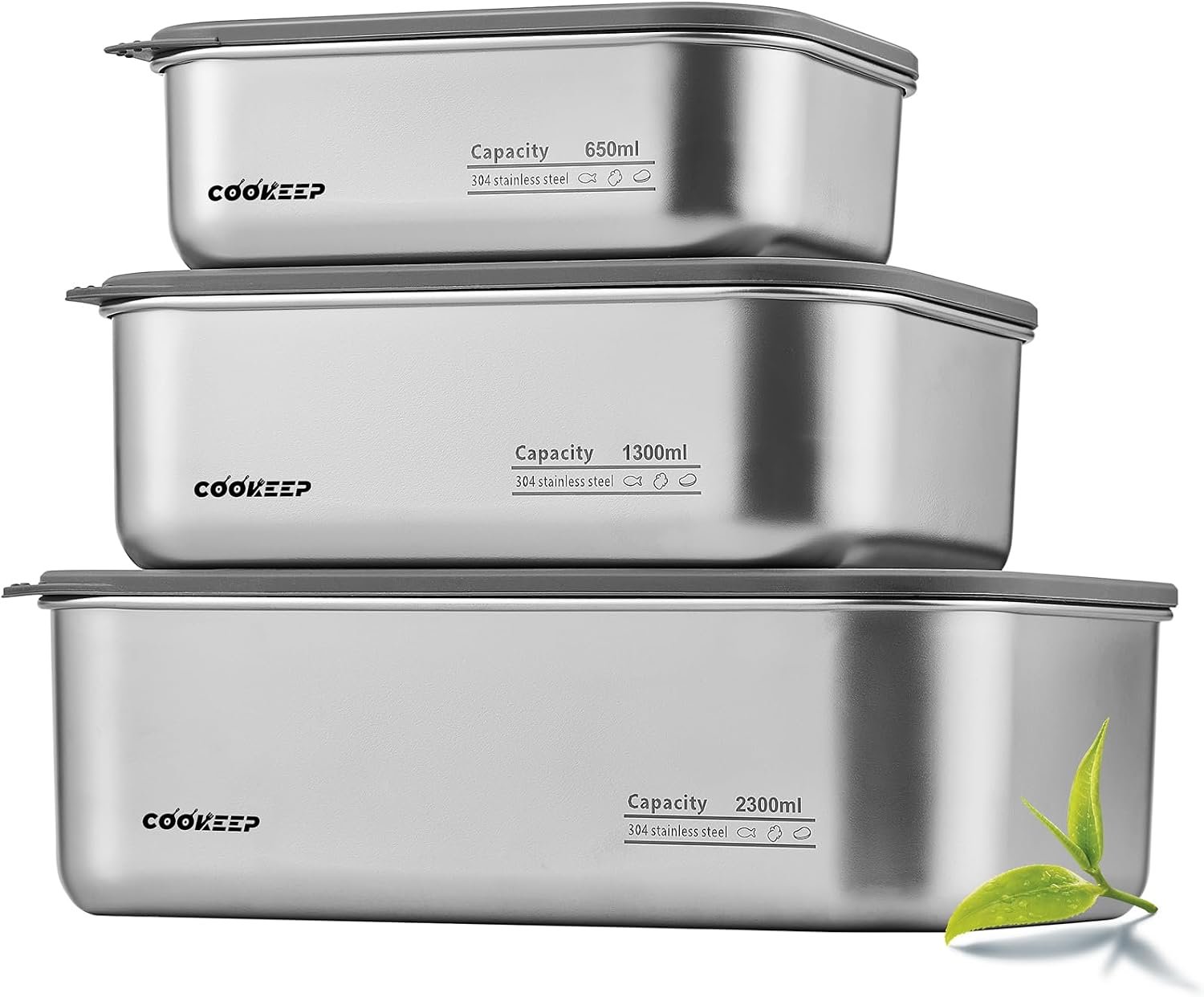 3Pcs Stainless Steel Food Containers,Stainless Steel Containers with Lids,Snack Containers,Lunch Box,Easy Clean,Airtight&Leakproof for Kitchen Storage,Dishwasher Safe,BPA-Free (22floz+44floz+77floz)