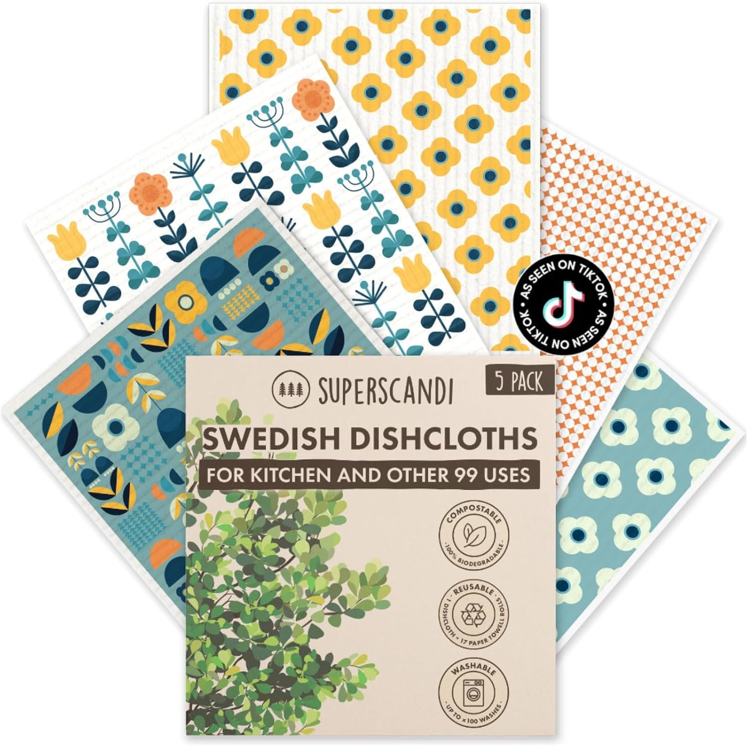 SUPERSCANDI 5 Pack Swedish Dishcloths for Kitchen – 100% Biodegradable & Compostable | Reusable Paper Towels Washable, Food-Safe & Without Plastic – Dish Rags Suitable for Any Surface | Scandi Design