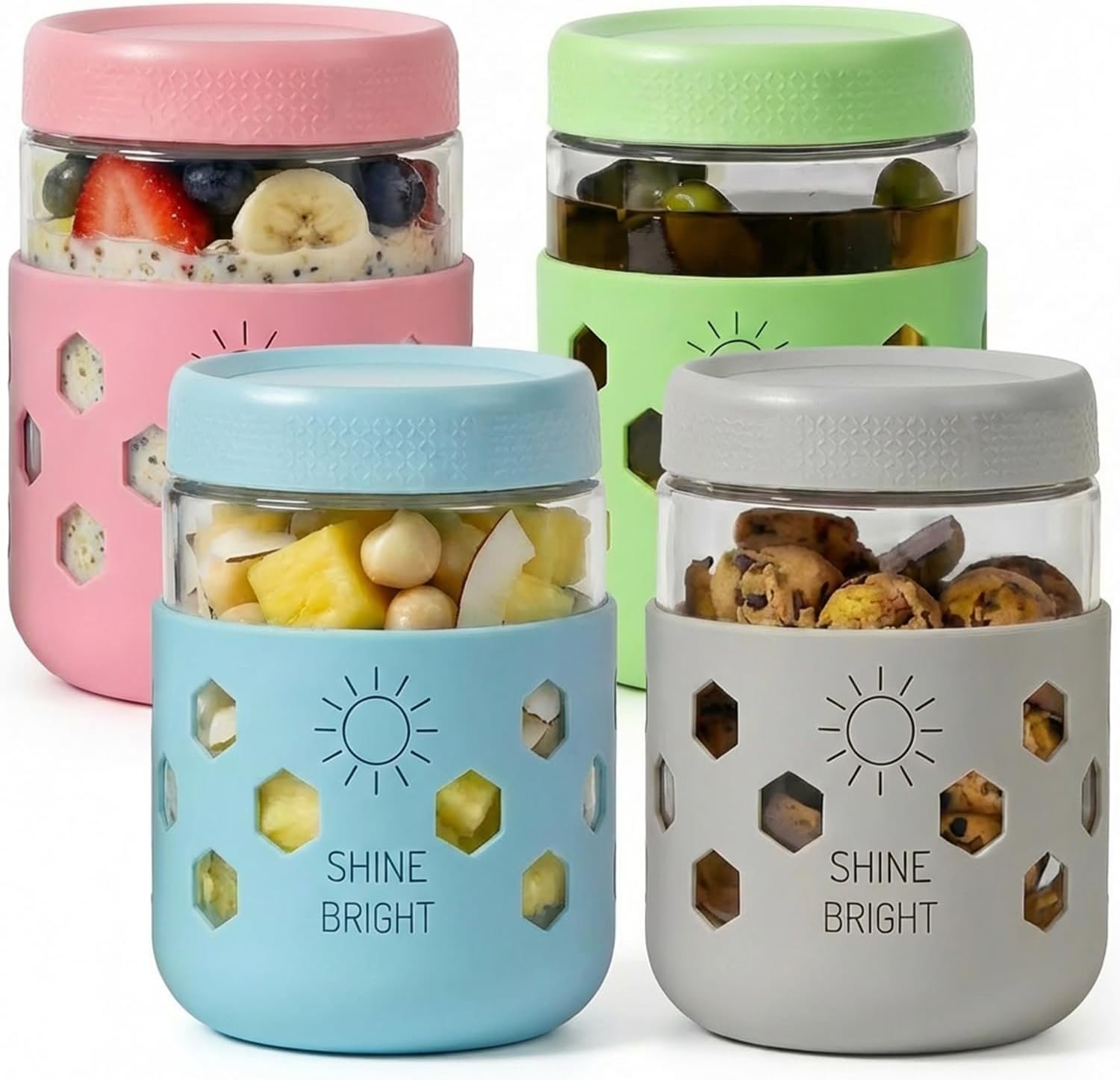 4 Pack Overnight Oats Containers with Lids – Thickened Glass 16 oz Mason Jars with Silicone Sleeves, Wide Mouth Airtight Leak-Proof Chia Seed Pudding Meal Prep Jars for Yogurt Parfait Snacks