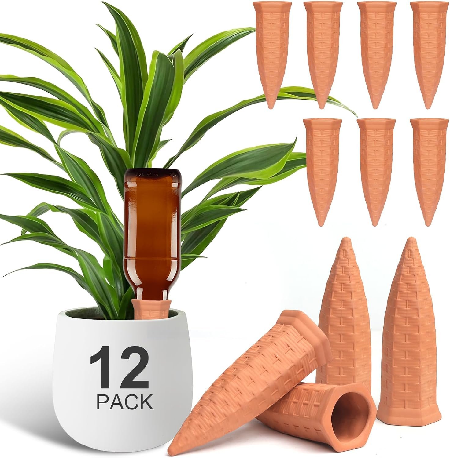 Baxrou 12 Pack Terracotta Watering Spikes for Plants, Vacation Self Watering Stakes