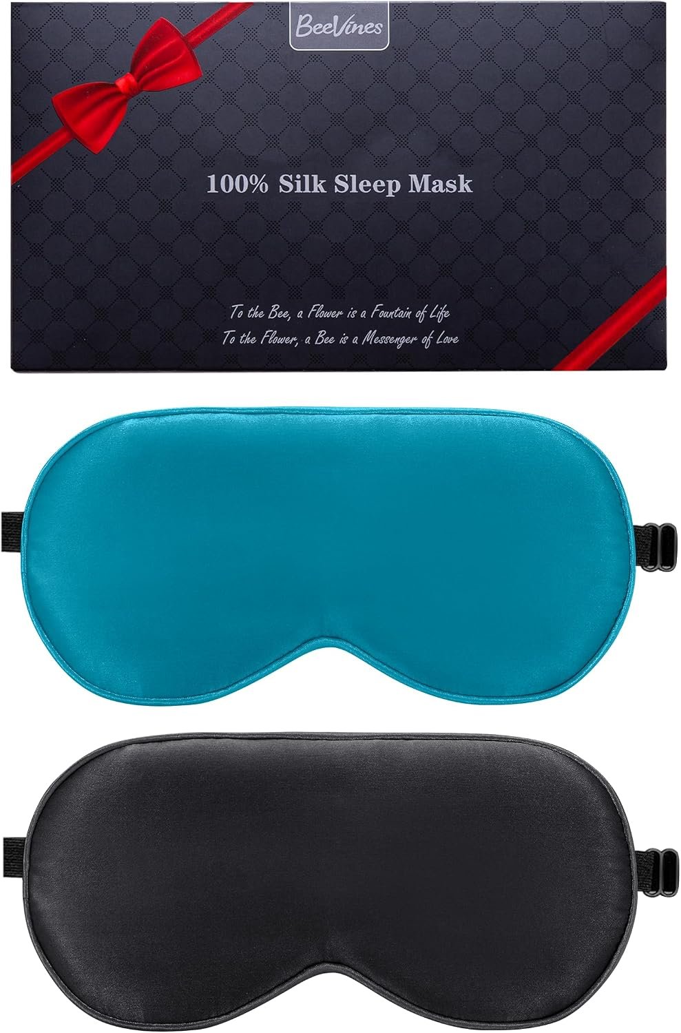 BeeVines 100% Silk Sleep Mask, Blackout Eye Masks(Black & Peacock Blue)