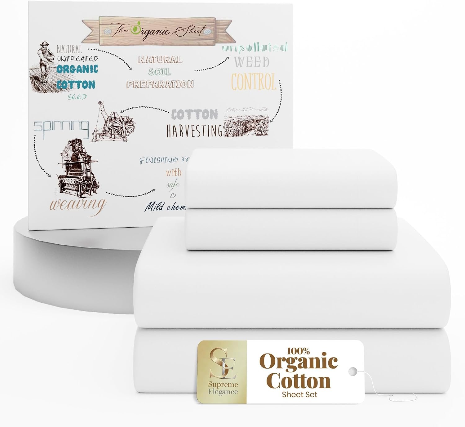 SUPREME ELEGANCE 100% Organic Cotton, Queen Sheets, Soft & Cozy, Snow White