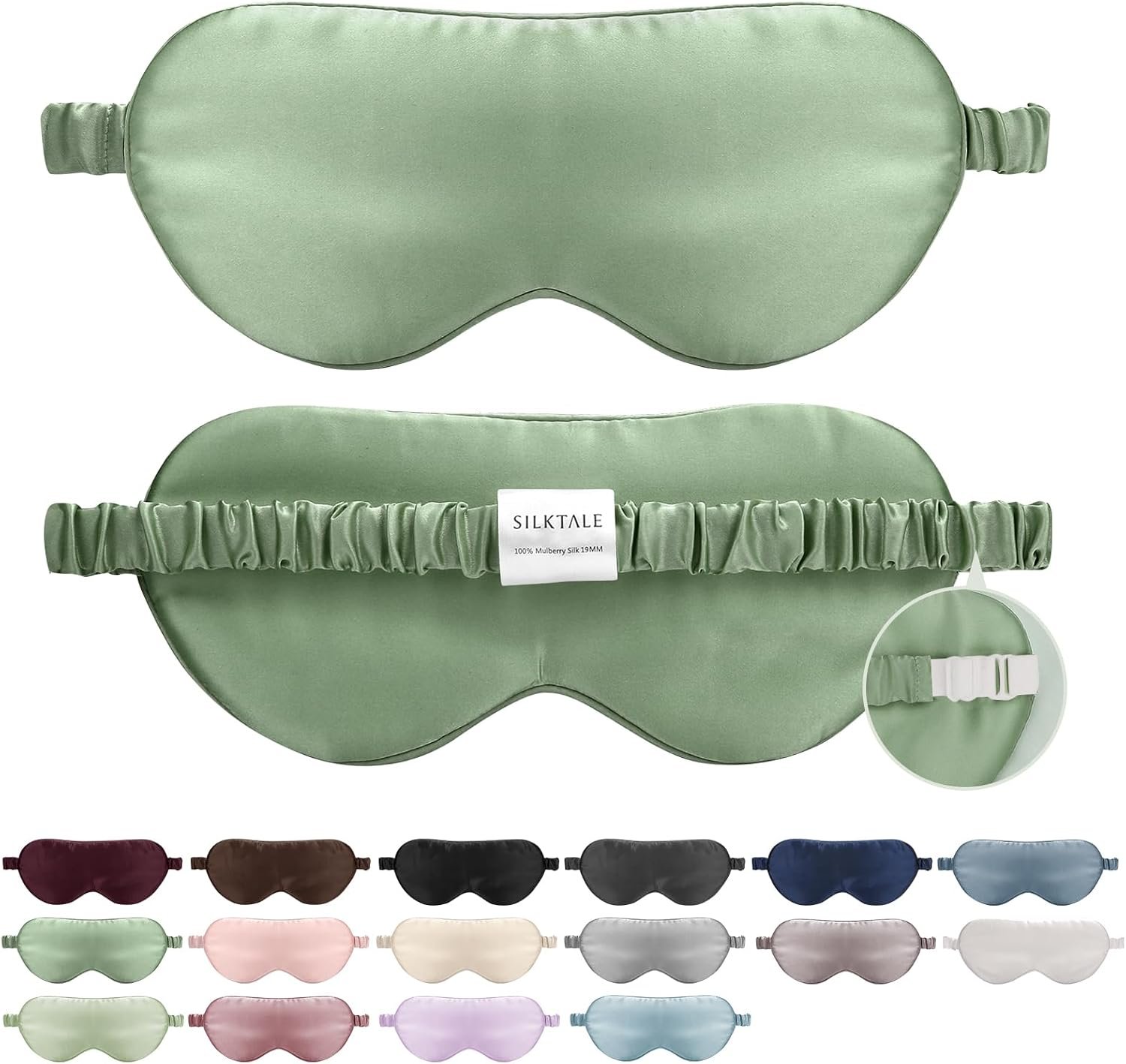 100% Mulberry Silk Eye Mask for Sleeping with Silk Wrapped Adjustable Strap,Sage Green