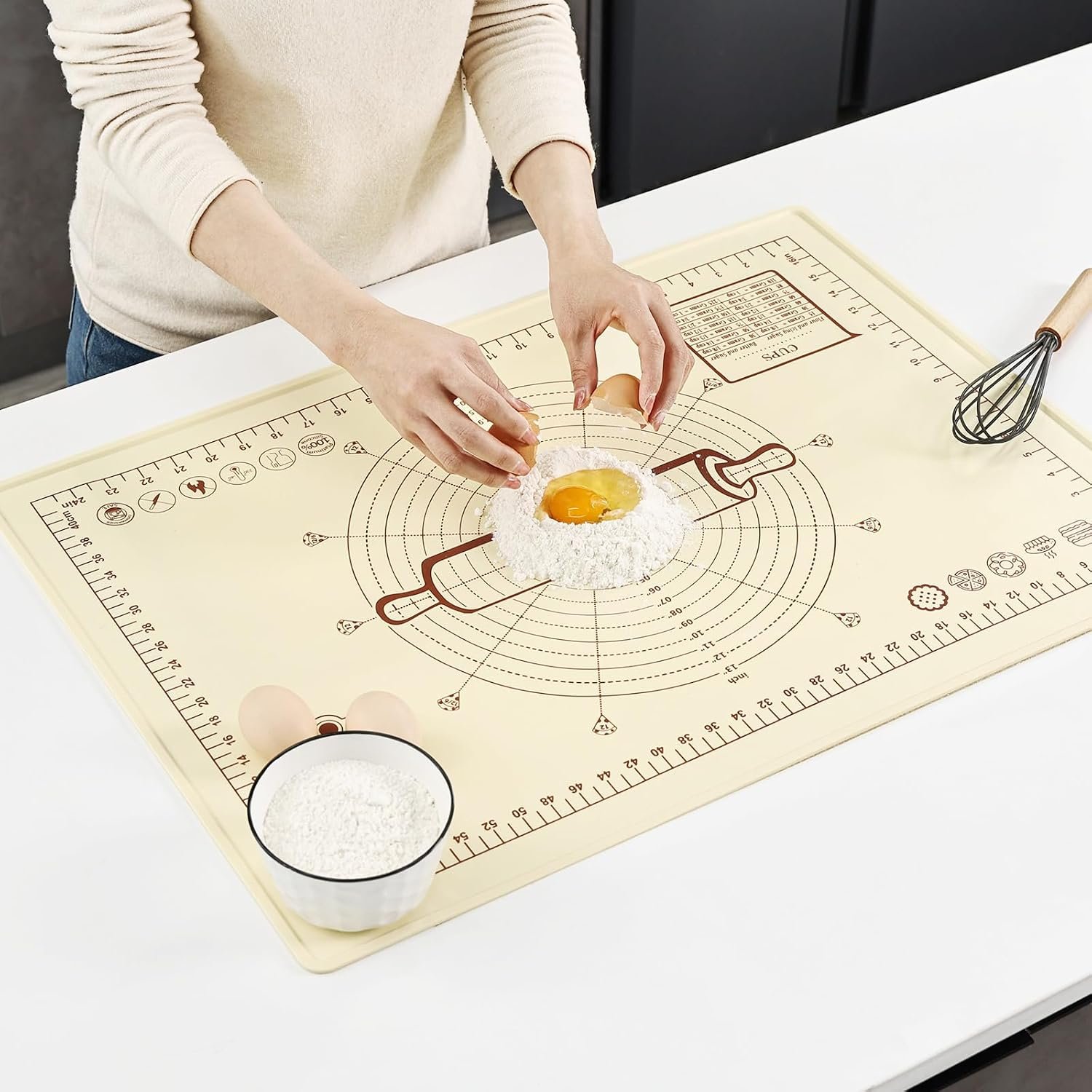 Silicone Baking Mat, Extra Thick Dough Rolling Pad with Measurements and Edge Heightening, Non-stick Food Grade Silicone Pastry Mat for Pastry, Bread, Cookies (Beige Edge Up, 20″L x 28″W)
