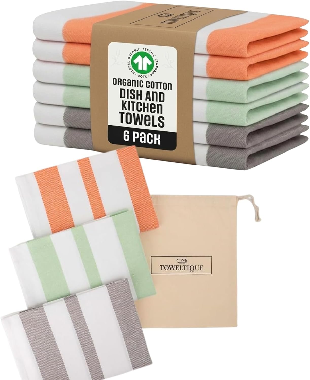 GOTS Cotton Kitchen Towels 6-Pack, Green Orange Grey, 20 x 30 in