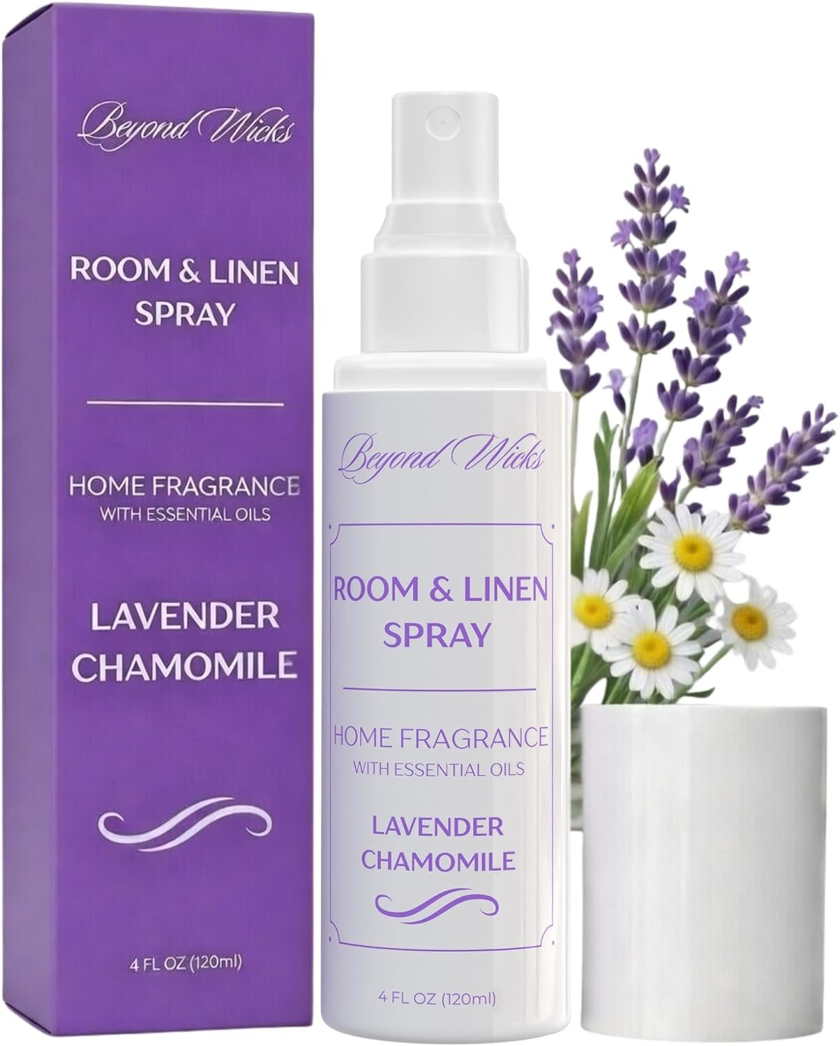 Lavender & Chamomile Room and Linen Spray – Lavender Room Spray with Essential Oils – Air Freshener Spray – 4 fl oz (120 ml) by Beyond Wicks.
