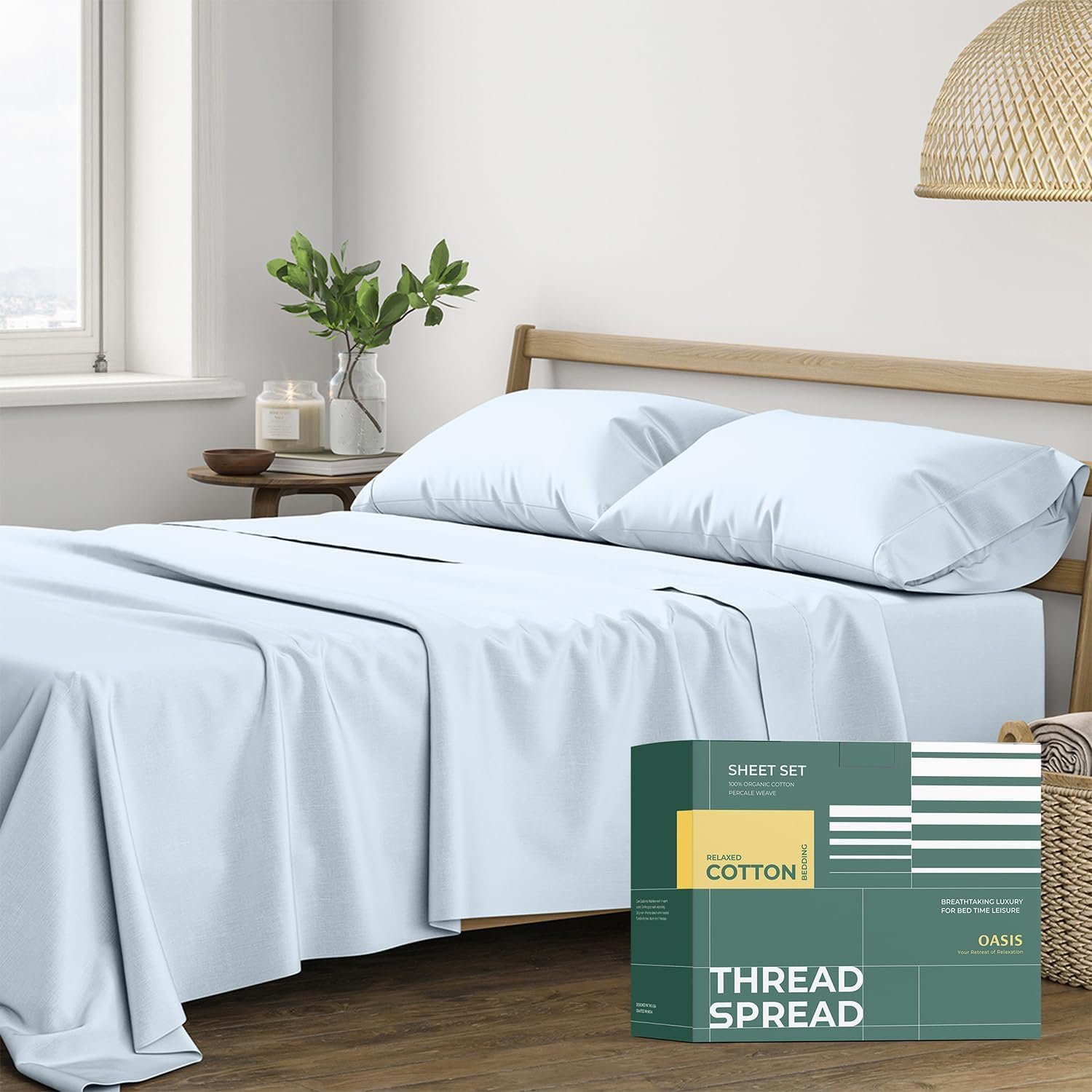 THREAD SPREAD 100% Organic Cotton Sheets Queen Size – 4 PC Organic Cotton Queen Size Percale Weave Sheet Set, Soft, Cooling, Crisp & Breathable, 16″ Deep Pocket Hotel Quality Bedding Set – Light Blue