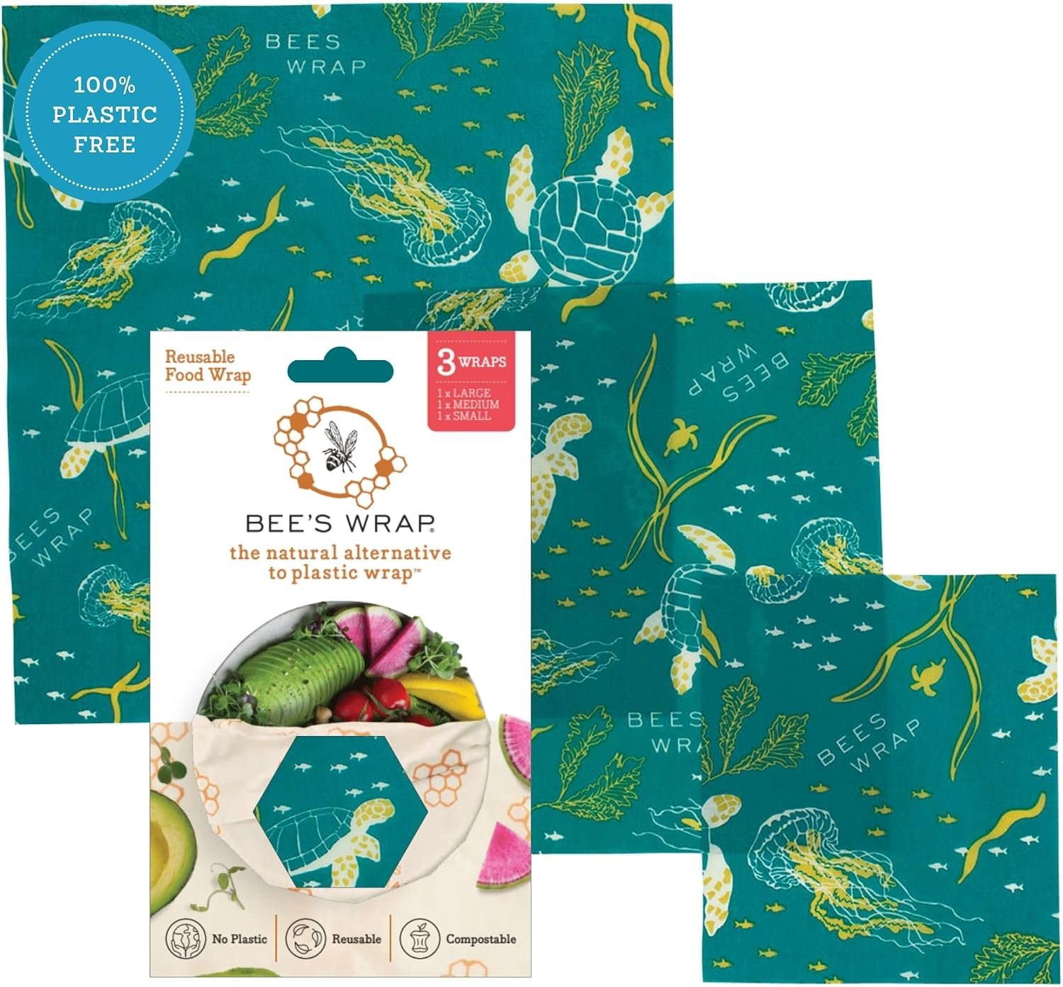Bee’s Wrap Beeswax Food Wraps, 3 Pack Assorted – Ocean