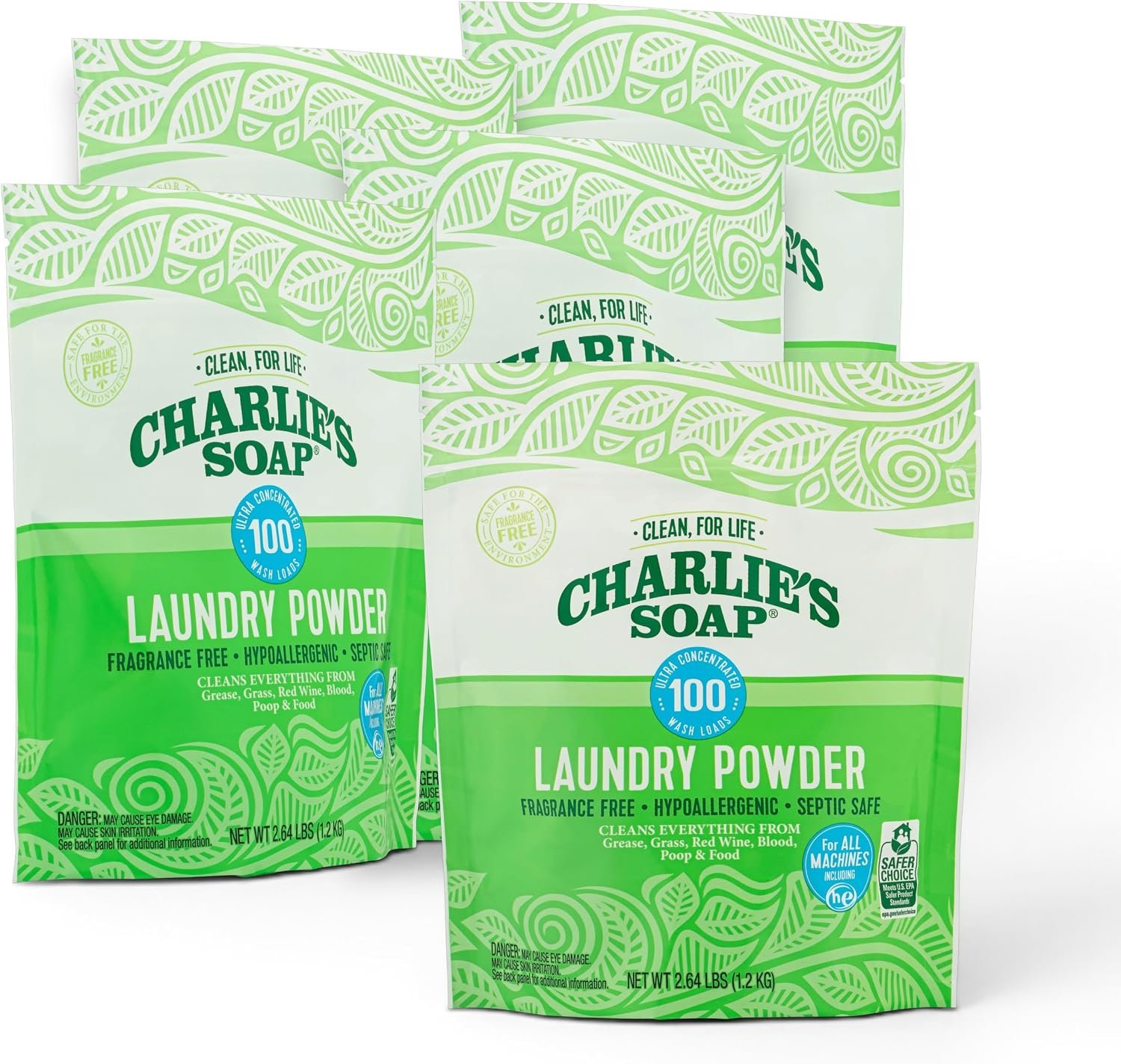 Charlie’s Soap Laundry Powder Detergent, Fragrance Free, 500 Loads