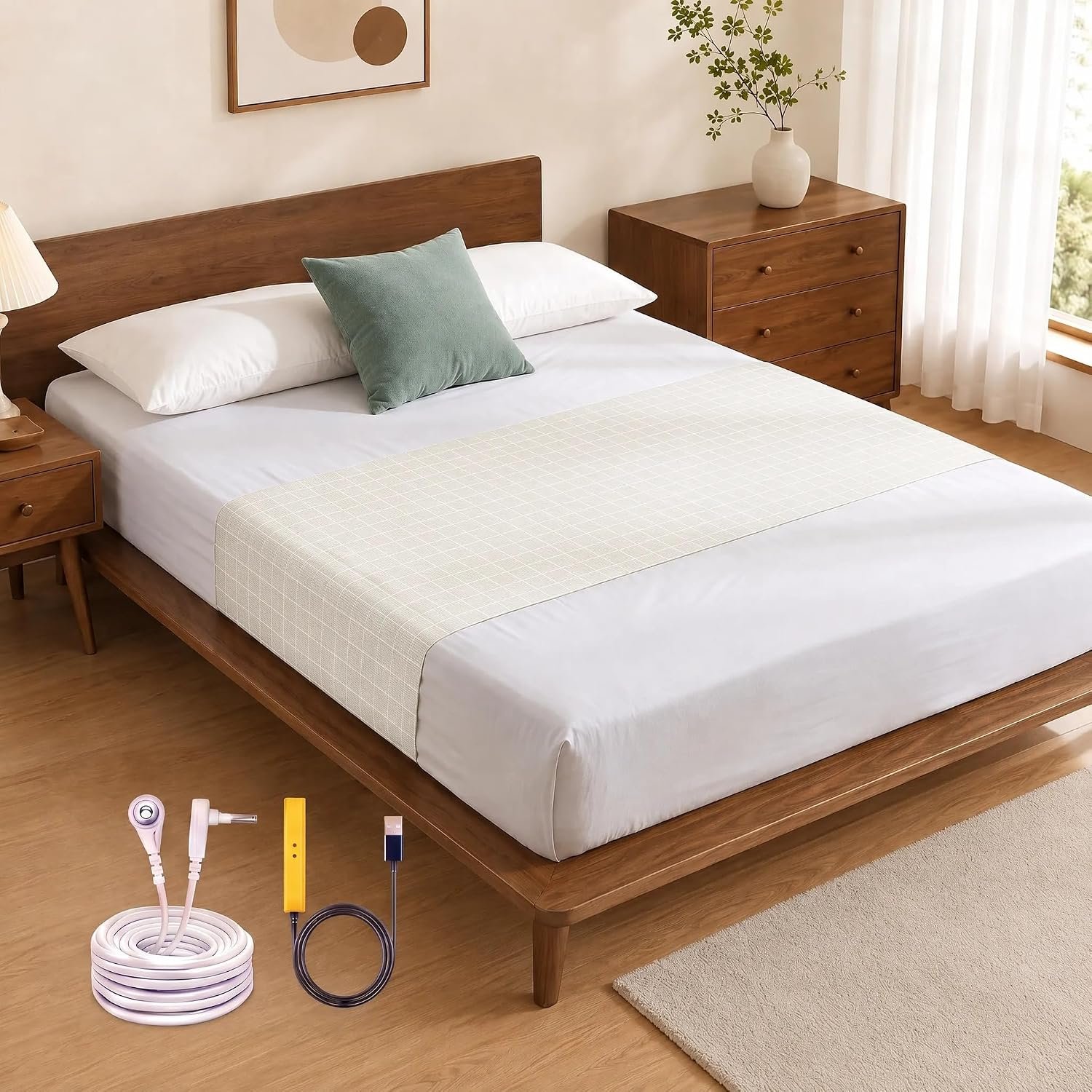 Grounding Sheet for Bed 75% Organic Cotton+25% Pure Silver Fiber, Grounding Fitted Sheets for All Mattress Sizes, with grounding Cord and Test Pen (White, 105.4 * 23.1inch)