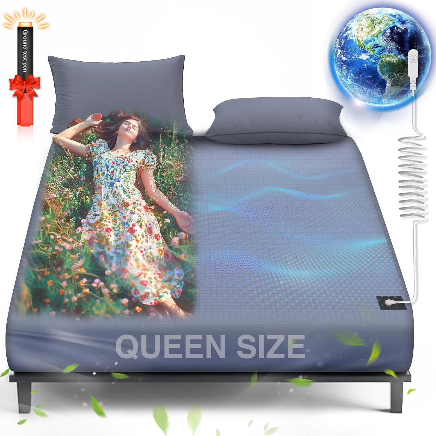 Grounding Sheets Queen, 95% Organic Cotton+ 5% Pure Silver Fiber, Grounded Sheets with Grounding Cord, Bed Grounding Kit for Healthy Sleep Therapy [DeepGrey 60″x 80″x 13″-Queen]