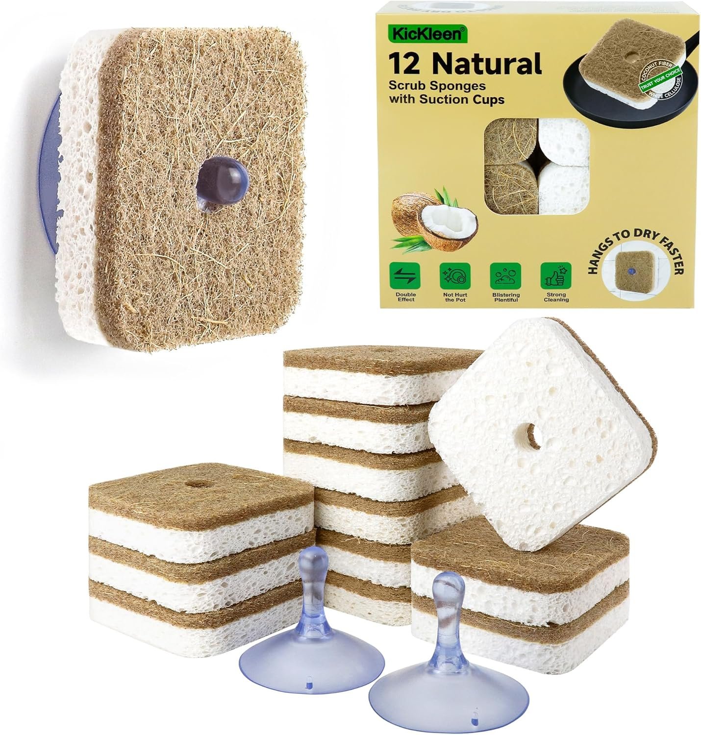 12Pack Kickleen Natural Kitchen Scrub Dish Sponges with Suction Hanger