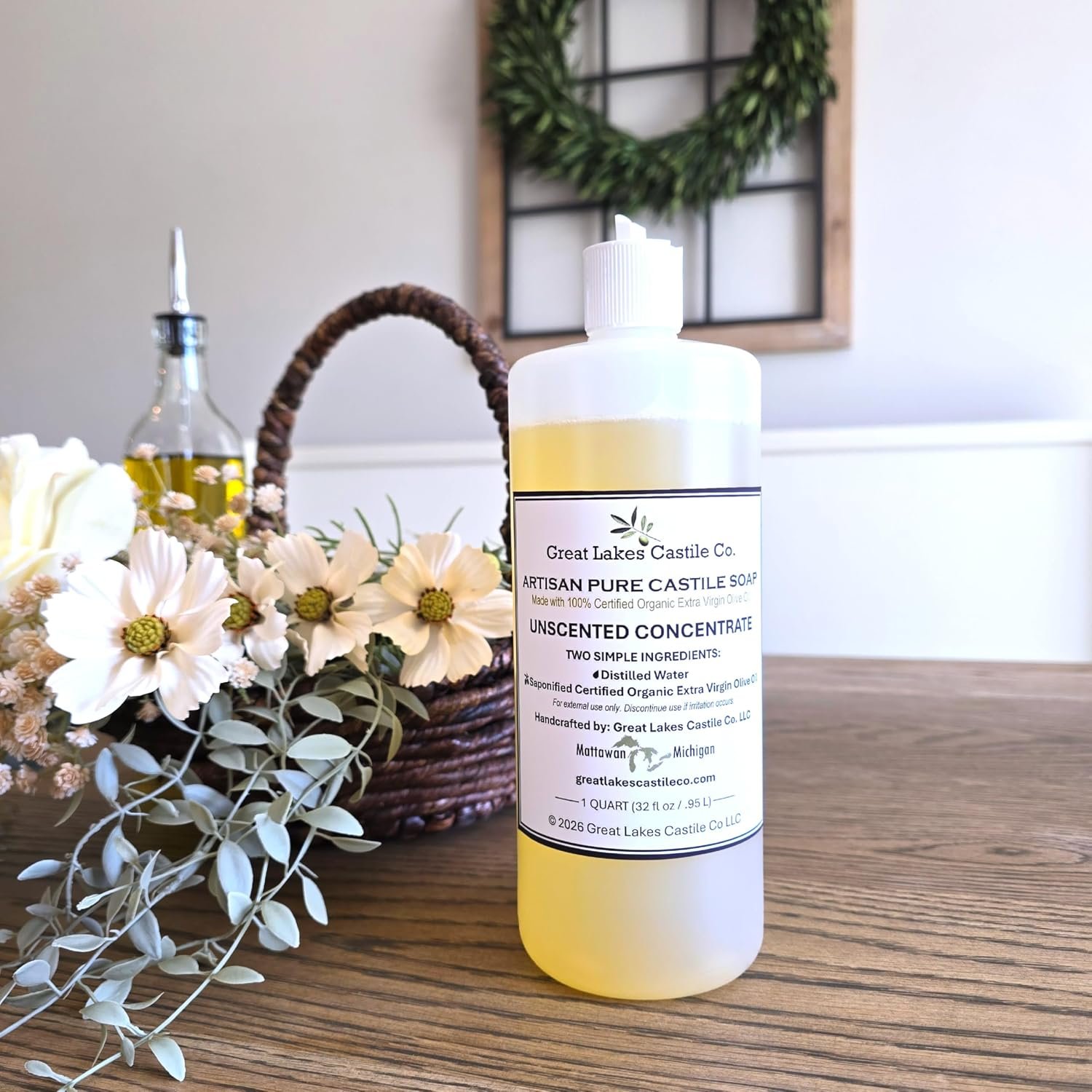 Organic Pure Castile Liquid Soap Made with 100% Certified Organic Extra Virgin Olive Oil – UNSCENTED CONCENTRATE (Quart)