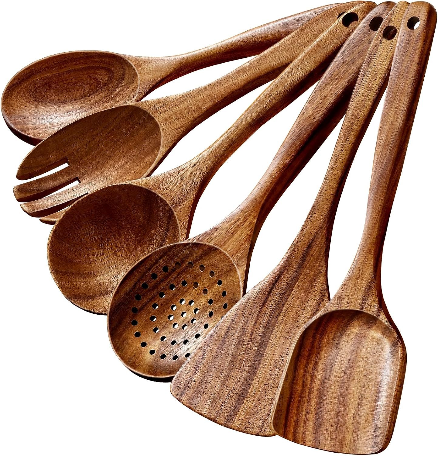6-Piece Natural Teak Wooden Utensils Set, Wooden Spoons Set for Cooking – Heat Resistant, Natural Healthy Spatula Set with Hanging Holes – Durable, Scratch-Free & Handcrafted