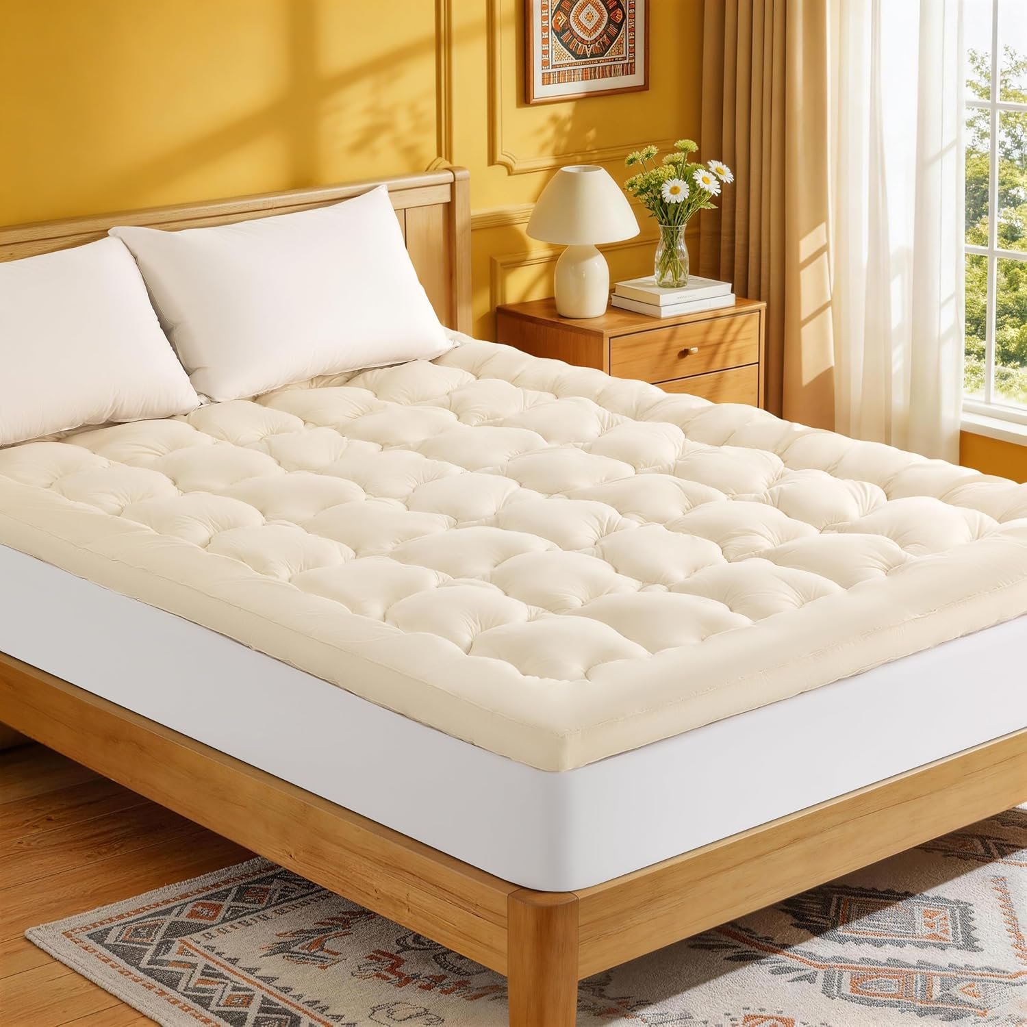Luxury 60% Organic Wool + 40% Organic Cotton Mattress Topper, Extra Soft Wool Mattress Pad for Back Pain Relief, Plush Mattress Cover with 6″-18″ Deep Pocket (King,78″x80″)