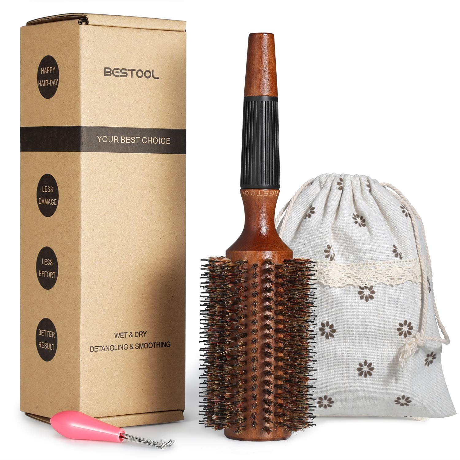 BESTOOL Round Hair Brush for Women or Men, Boar Bristle Large Round Hairbrush for Quick Blowout, Add Shine/Volume, Minimize Damage (2.8 Inch)