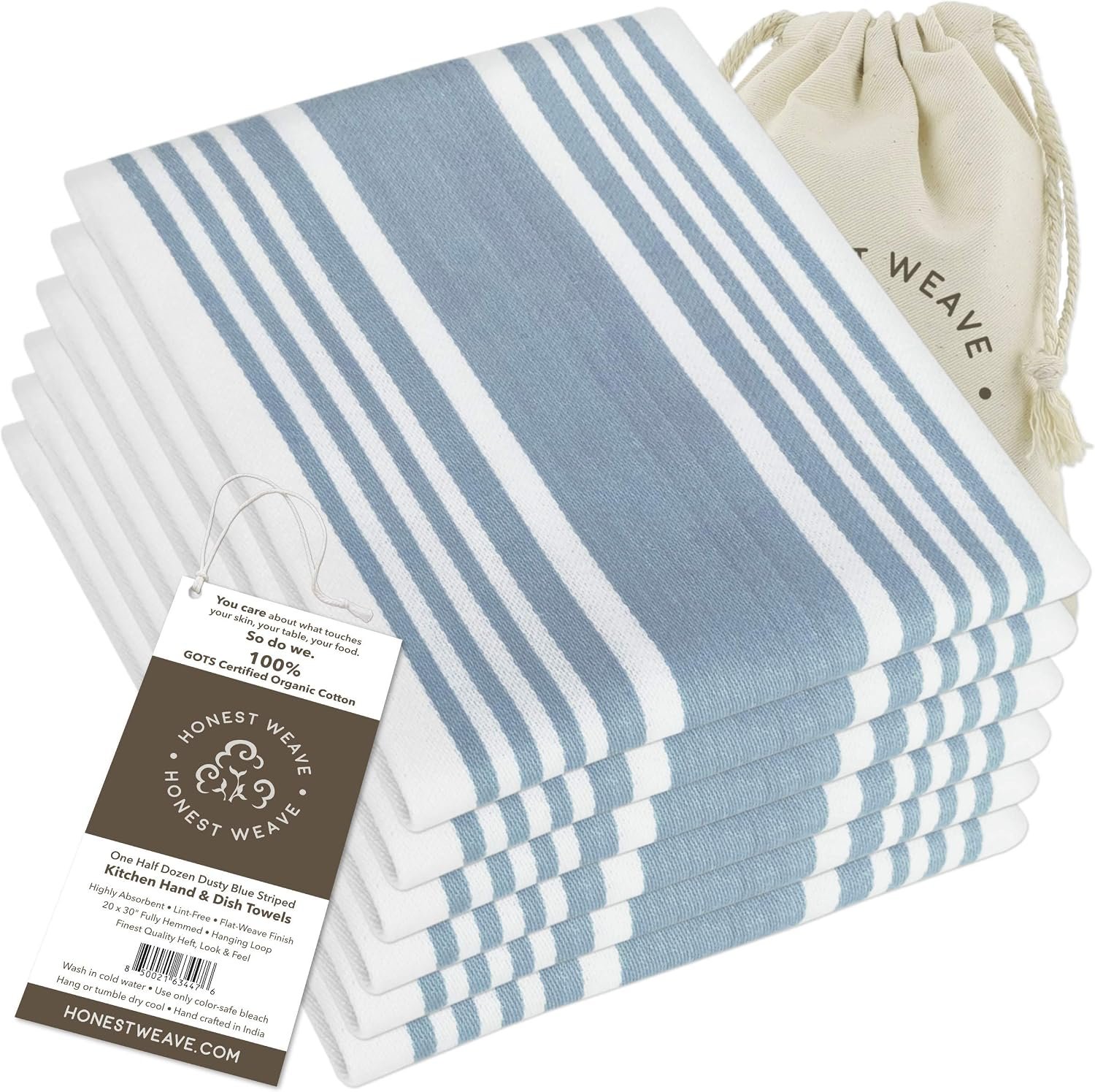 HONEST WEAVE GOTS Certified Organic Cotton Kitchen Hand and Dish Towel Sets – Oversized 20×30 inches, Fully Hemmed, in Designer Colors, 6-Pack, Dusty Blue Stripe