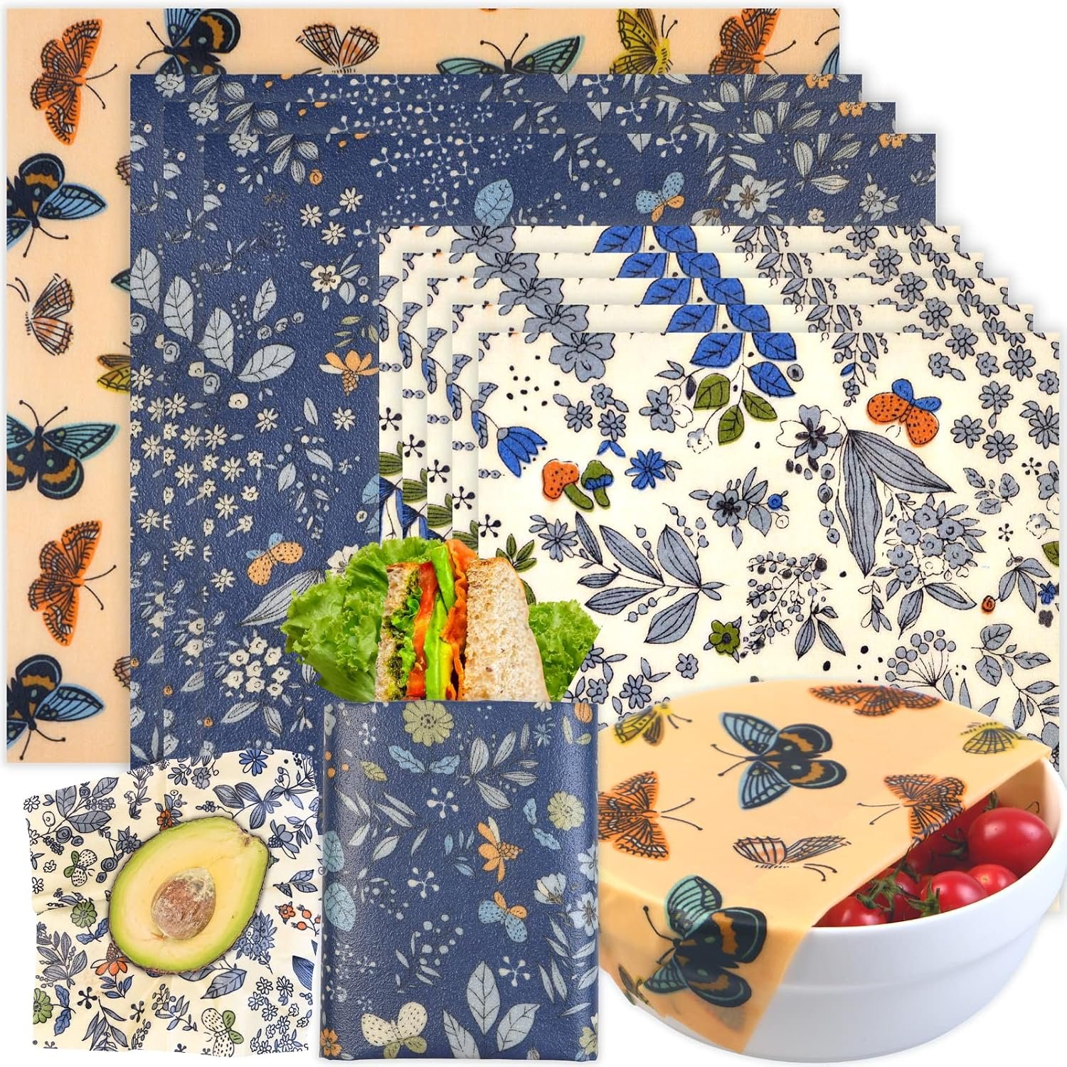 Reusable Beeswax Wrap – 9 Pack Beeswax Wraps for Food, Eco-Friendly Beeswax Food Wraps, Bread Sandwich Wrapper – Organic, Sustainable, Zero Waste, Reusable Plastic-Free Food Storage Wrap, 1XL, 3M, 5S