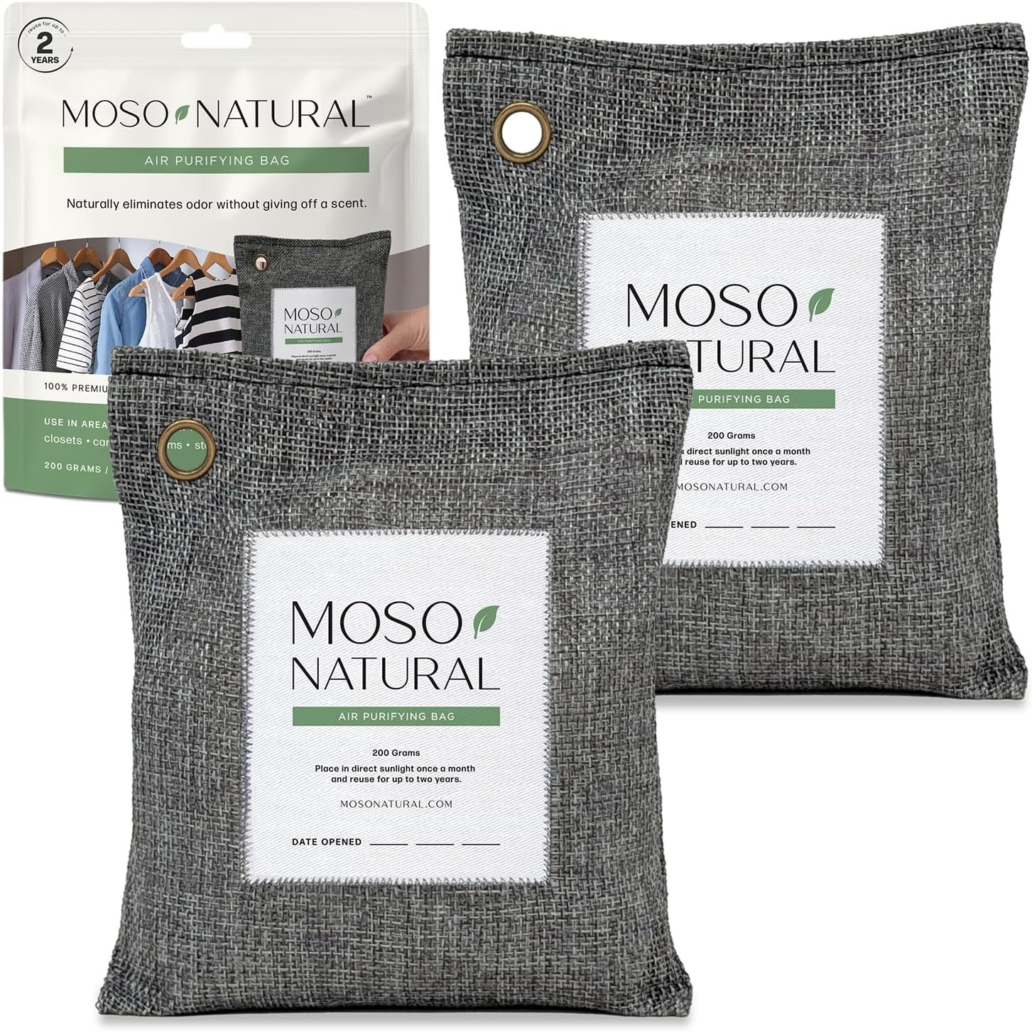 Moso Natural Air Purifying Bag 200g (2 Pack) Charcoal Odor Absorber, Car Odor Eliminator & Closet Deodorizer for Home & Pet, Lasts 2 Years, Unscented Bamboo Charcoal Bags, HGTV Editors’ Pick