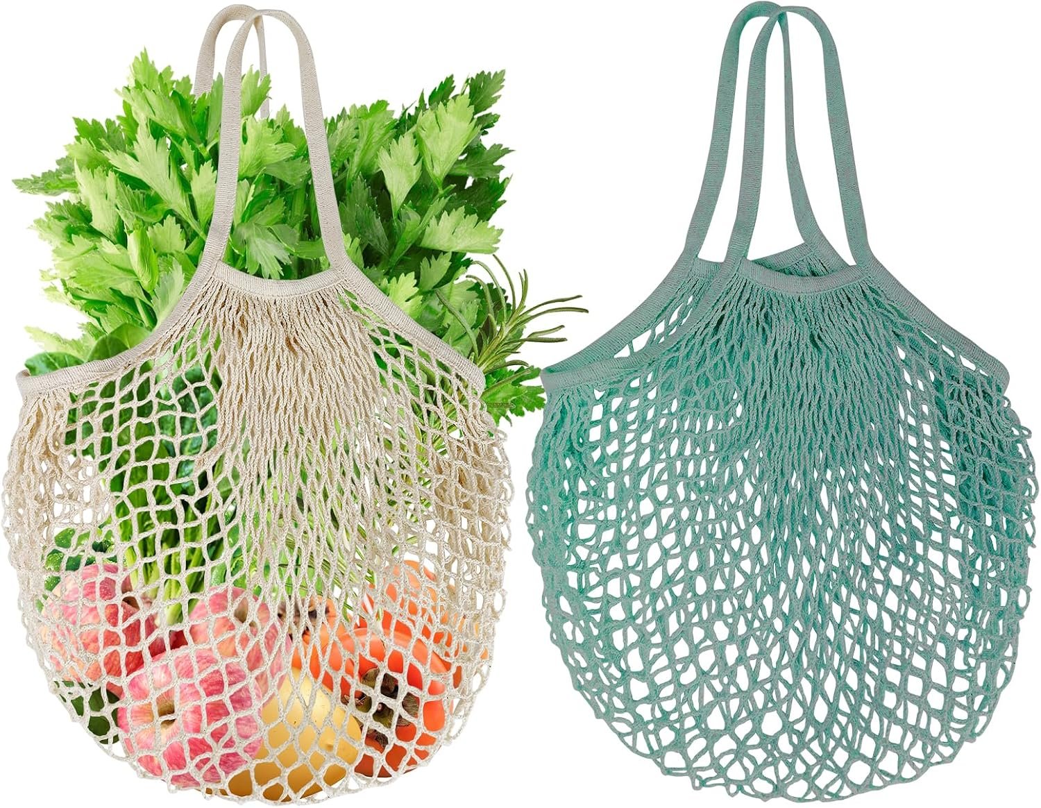 2Pack Mesh Grocery Bags,100% Cotton String Mesh Bags,Long Handle Reusable Produce Bags,Fruit and Vegetable Storage Bags