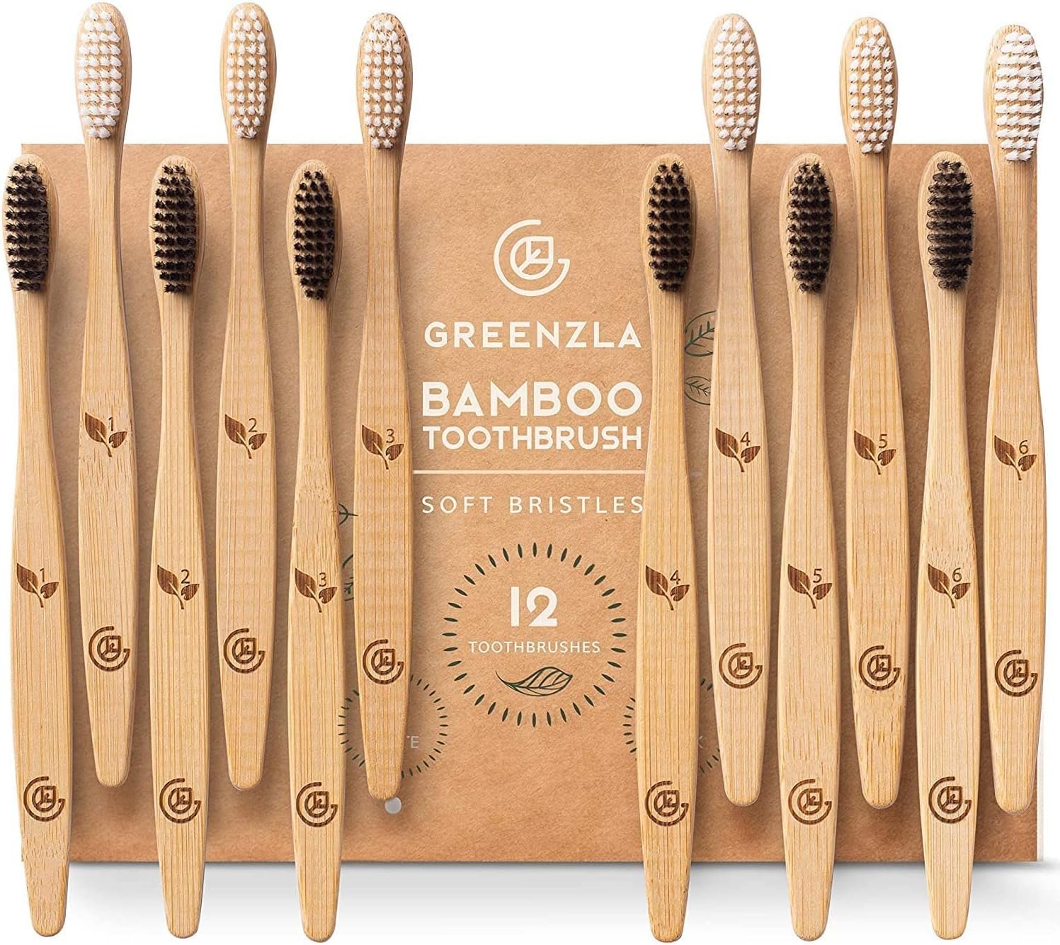 Greenzla Bamboo Toothbrushes for Adults – 12 Pack Wooden Toothbrush Set with Charcoal-Infused Soft Bristles, Natural Oral Care for Daily Use