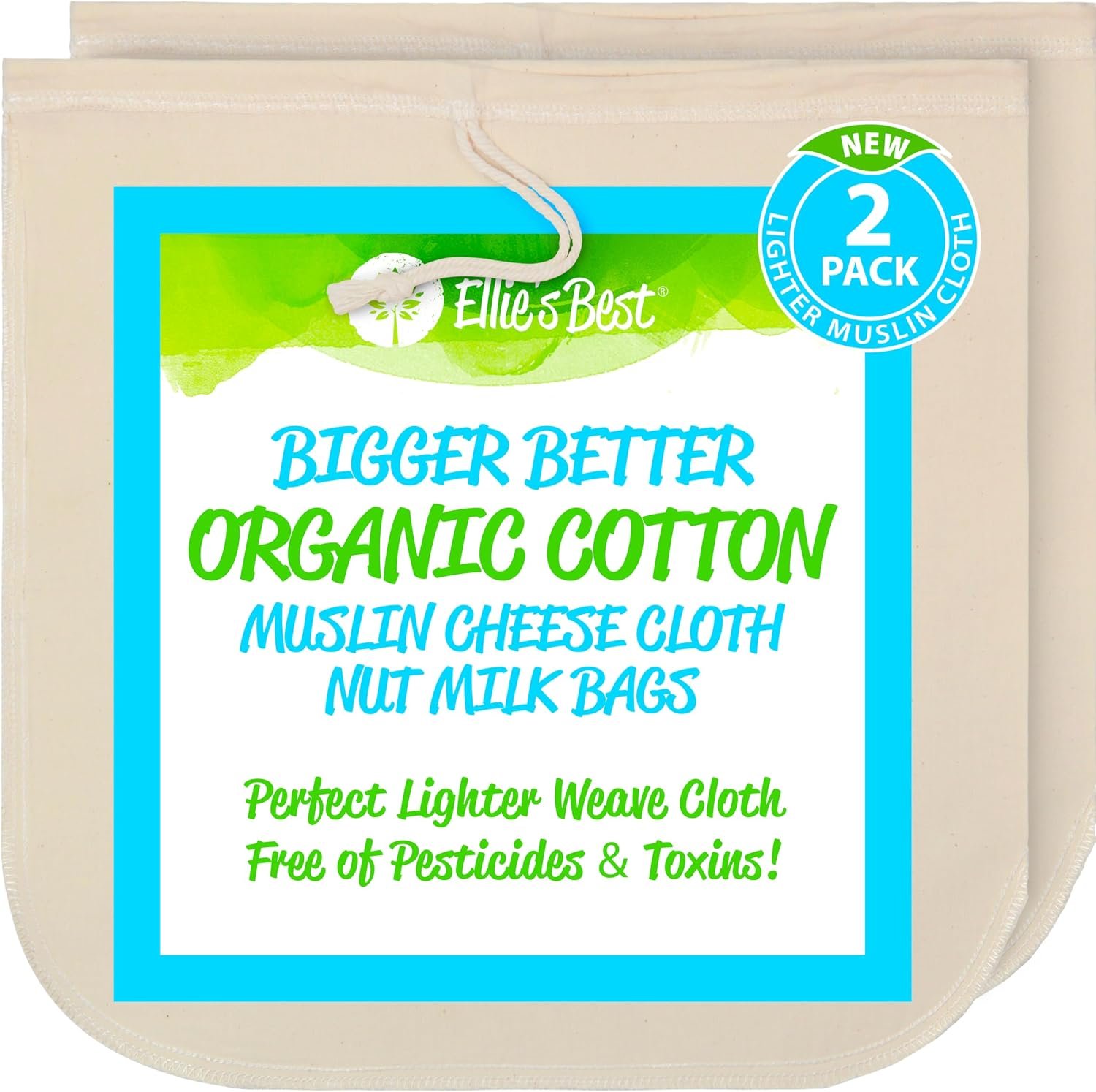 Organic Cotton EZ-2-Squeeze Nut Milk Bags – 2pk -14″ x14″ Reusable All Purpose Food Strainer Bag- Light Strong Muslin Mesh Cheesecloth