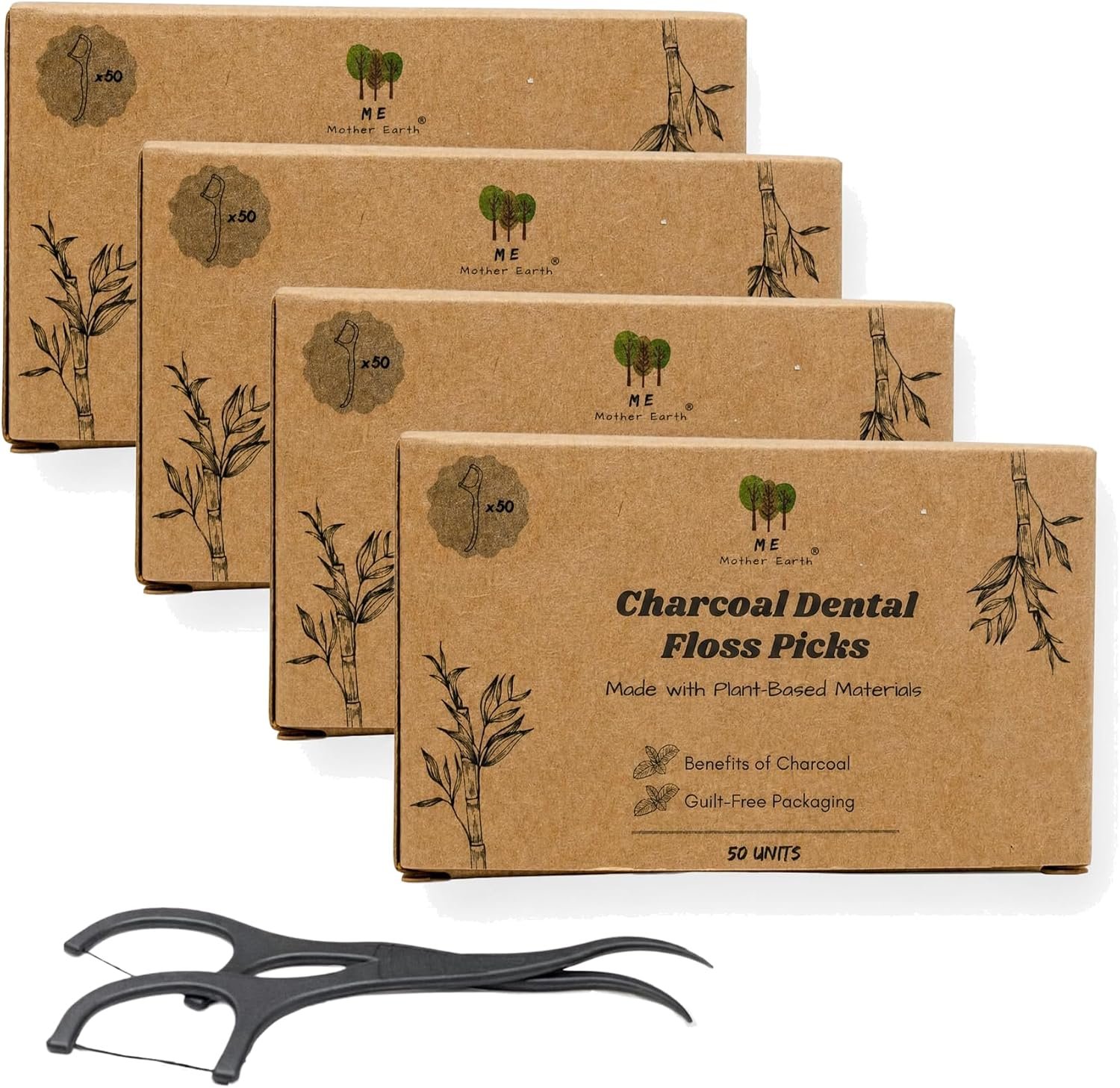 Me Mother Earth Charcoal Dental Floss Picks, Flossers for Adults, 200 Ct
