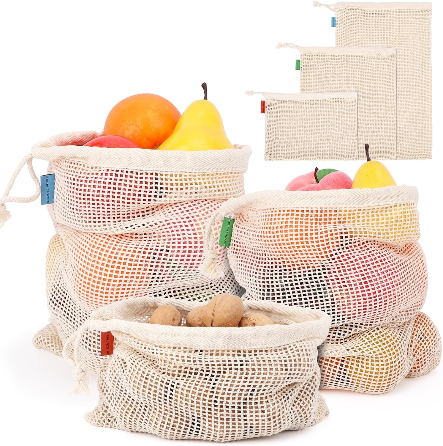 Pack of 6 Reusable Produce Bags Washable, 3 Sizes (2xS+2xM+2xL) Reusable Grocery Bags Heavy Duty Cotton Bag Mesh Bags for Vegetables, Enhanced Closure Edge, Double Stitched, with Tare Weight