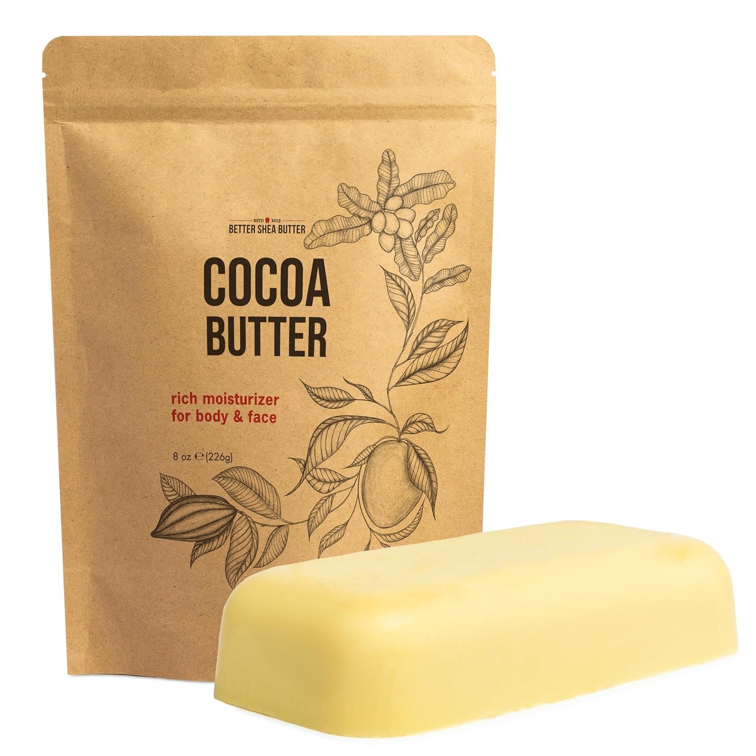 Raw Cocoa Butter – 100% Pure Unrefined Cacao Butter, 8 oz Block