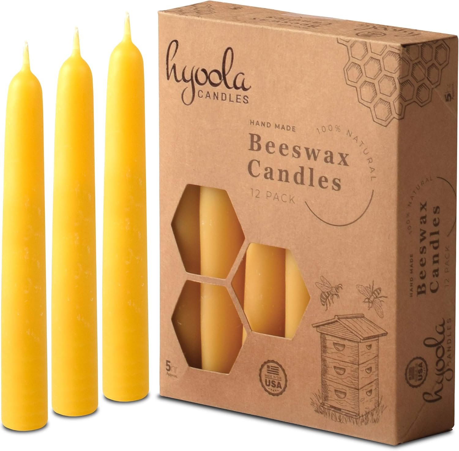 Hyoola 5 Inch Beeswax Taper Candles 12 Pack – Handmade, All Natural, 100% Pure Unscented Bee Wax Candle – Tall, Decorative, Golden Yellow – 5 Hour Burn Time