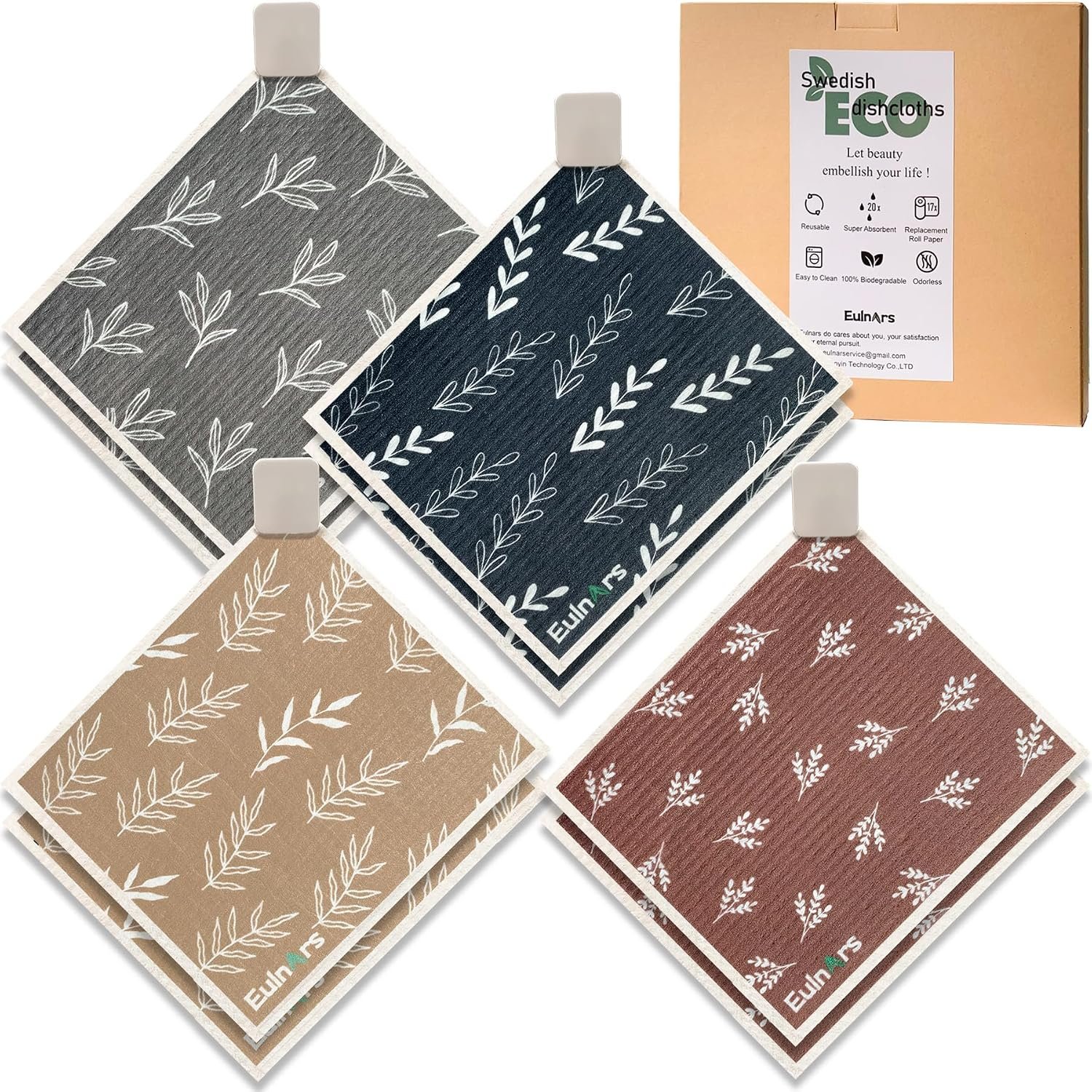 Eulnars Swedish Dishcloths, 8 Pack Reusable Paper Towels with Clips, Quick Drying Dish Towels, Super Absorbent Cellulose Sponge Cloths, No Odor, Kitchen Cleaning Essentials