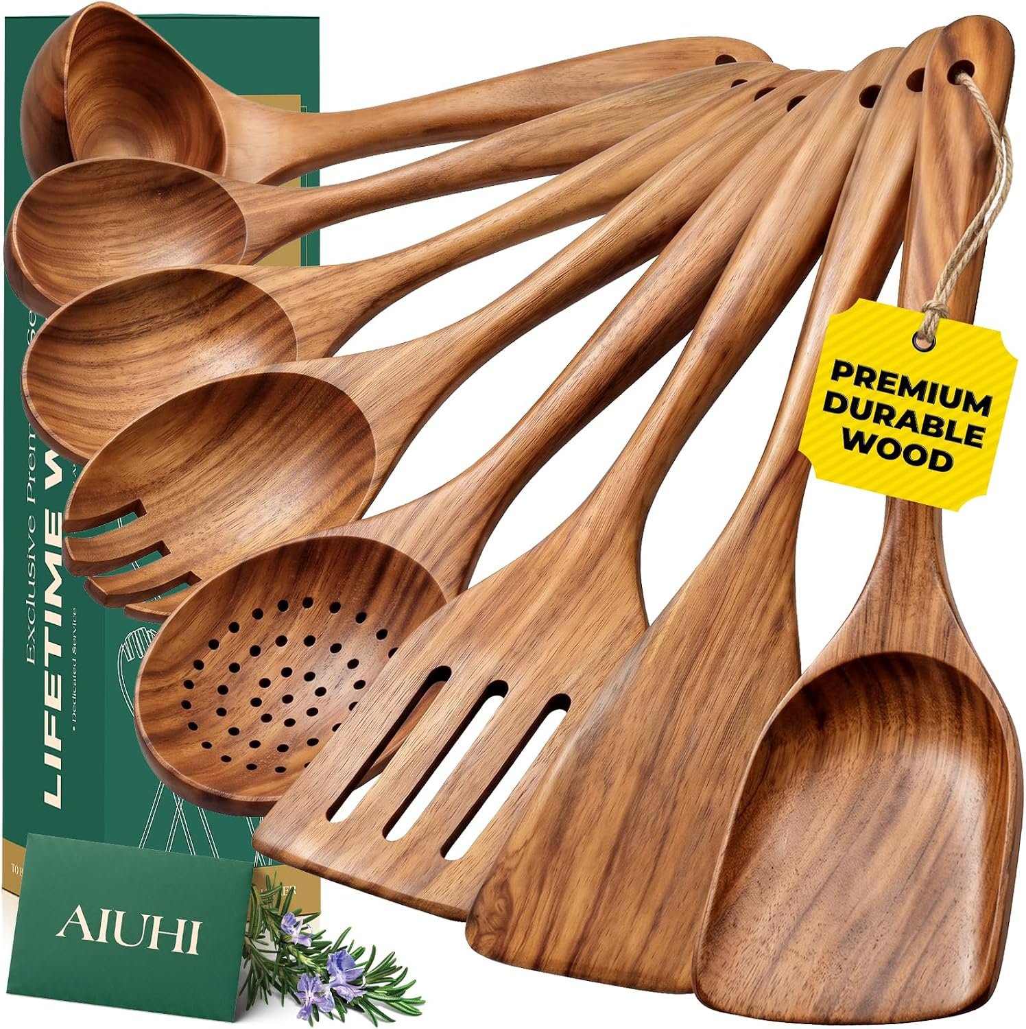 AIUHI Teak Wood 8-Piece Wooden Kitchen Utensils Set, Wooden Spoons for Cooking, Smooth Wood Spatula Set for Nonstick Cookware, Daily Cooking, Housewarming Gift