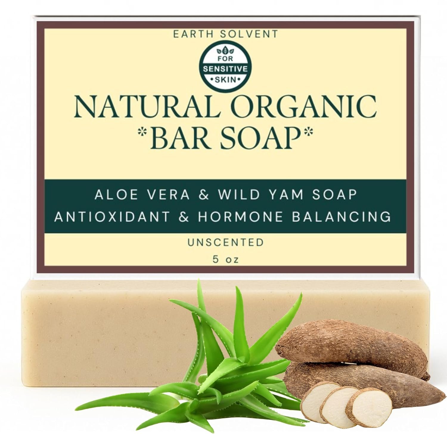 Natural Organic Cold Process Soap Bar 5 oz, No Chemicals, No Colorants, Alcohol-Free, Hydrating for Body, For All Skin Types (Unscented, Aloe Vera & Wild Yam Soap)