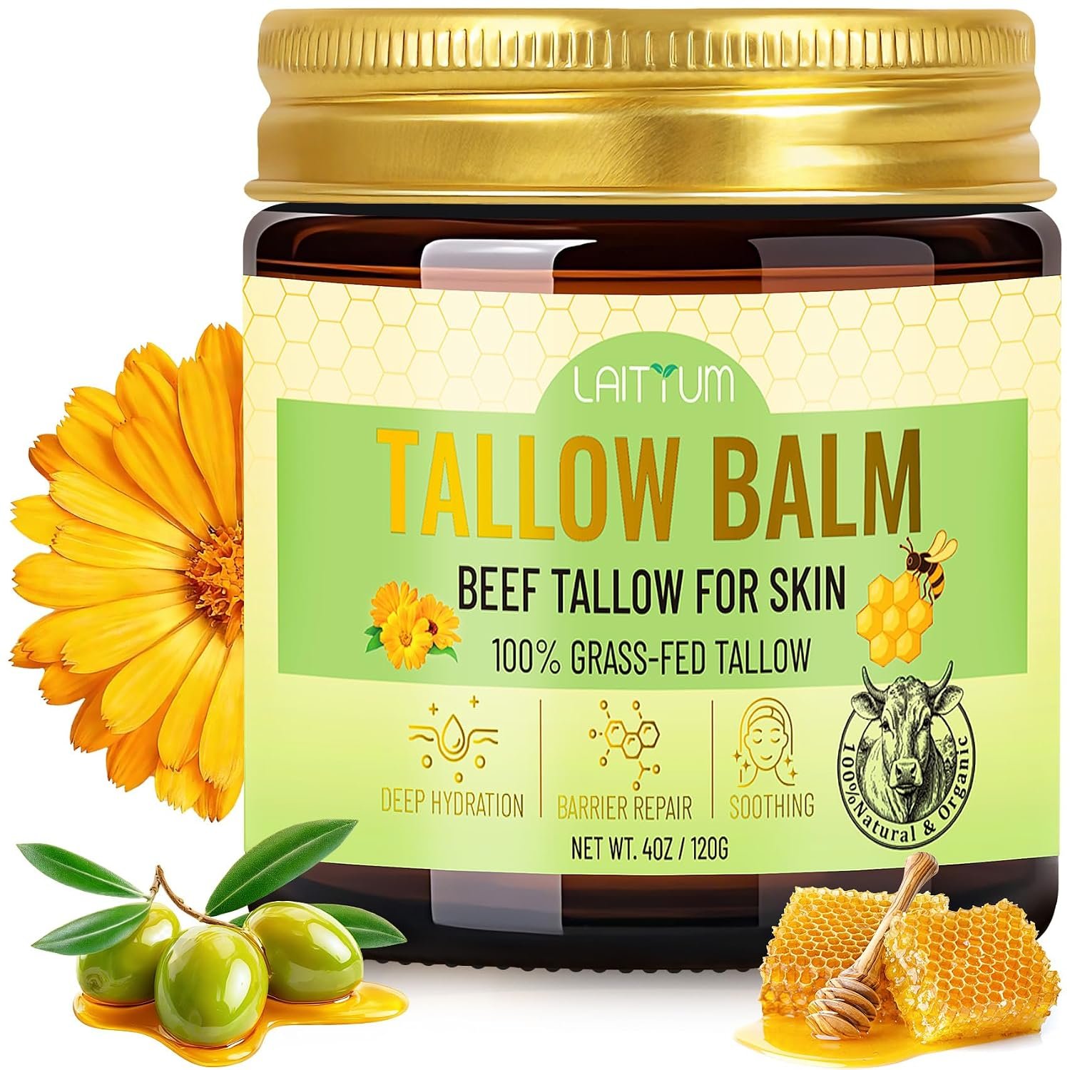 Beef Tallow for Skin -4oz Organic Tallow and Honey Balm for Face Moisturizer,100% Grass Fed Beef Tallow Cream,Natural Whipped Tallow Balm Deeply Nourishment for Body Dry,Cracked,Sensitive Skin