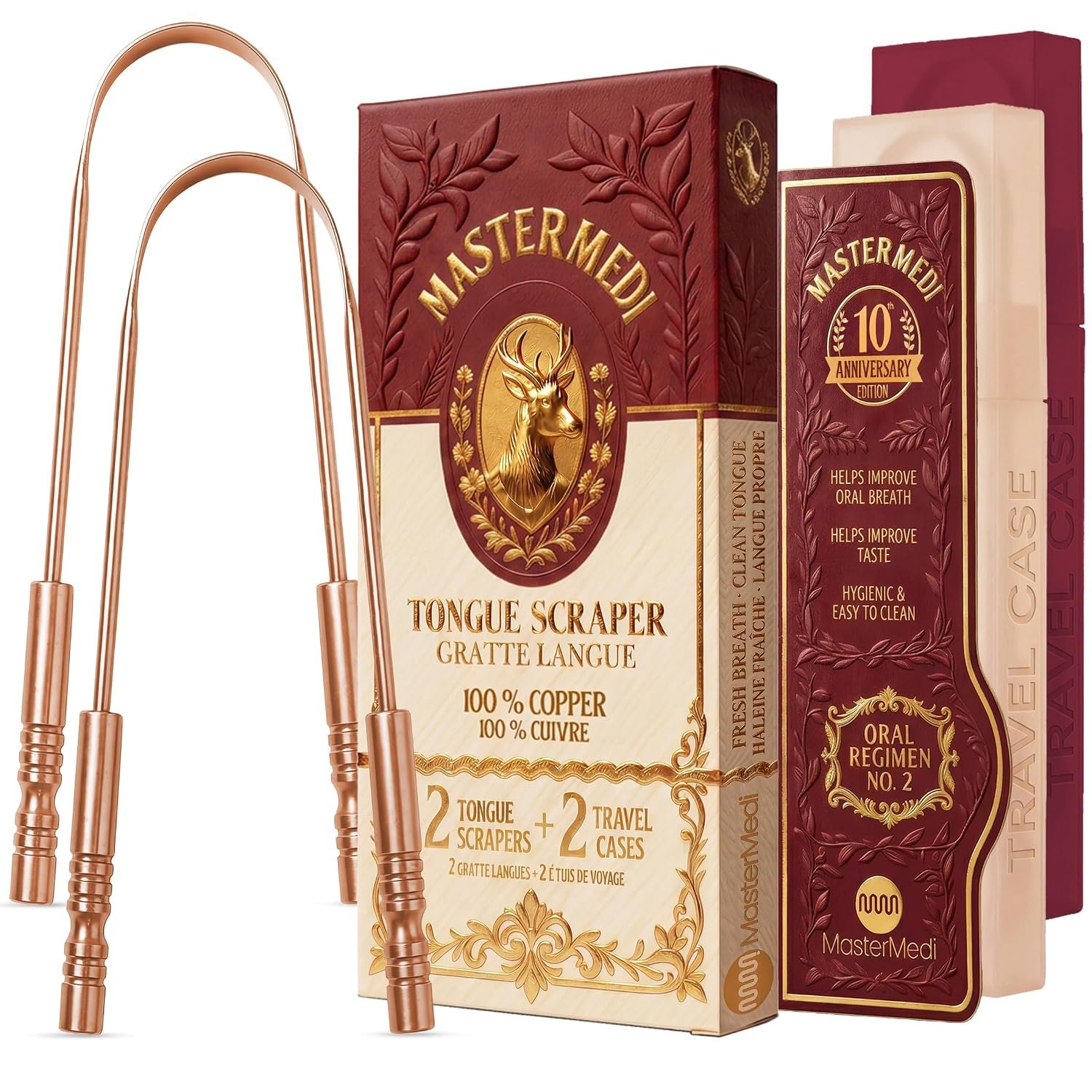 MasterMedi Tongue Scraper with Case Easy to Use Tongue Scraper for Adults, Tongue Cleaner for Oral Care & Hygiene Copper Set of 2 (with Travel Case)