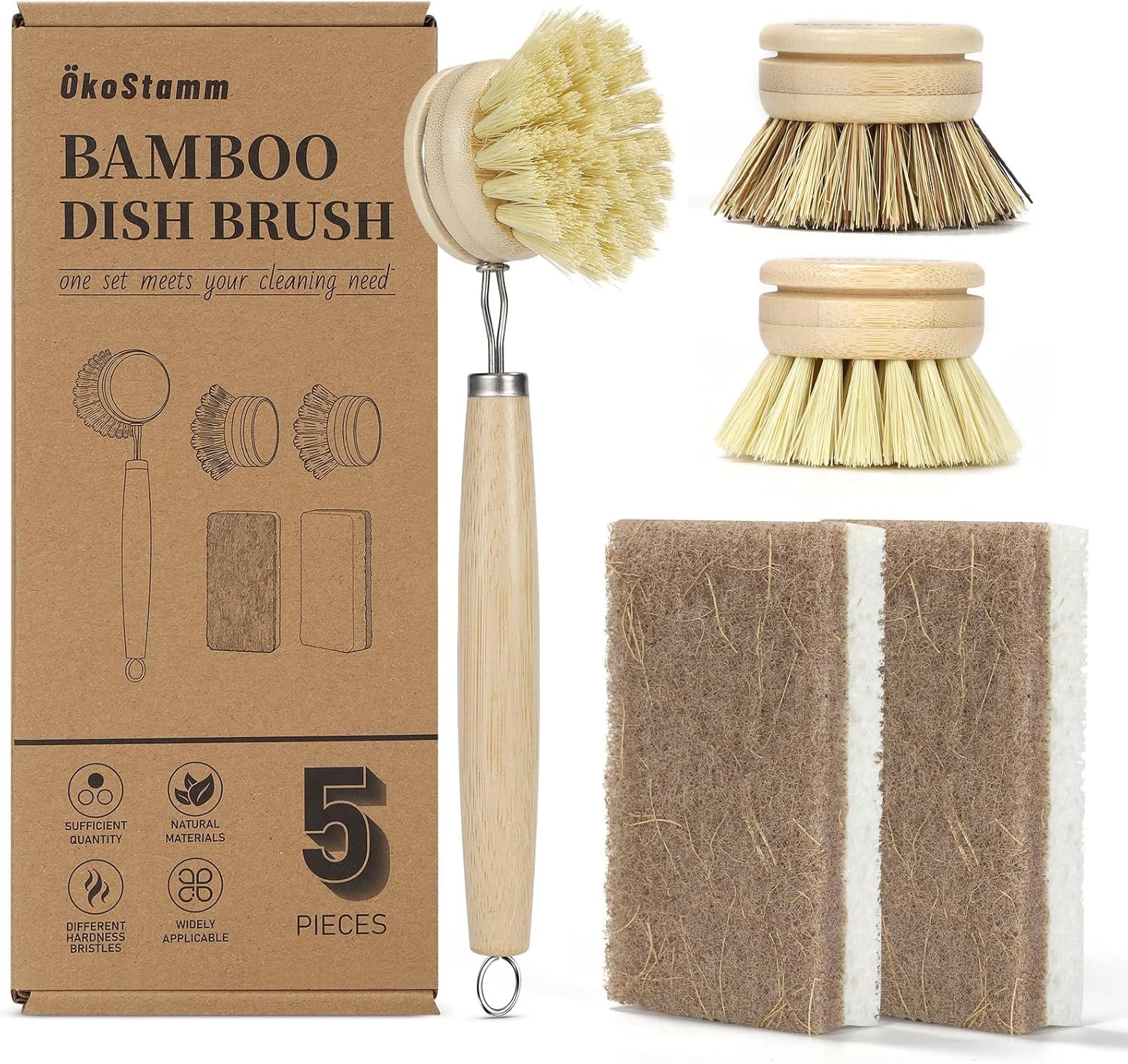 5 PCS Long Handle Bamboo Dish Brush with 2 Natural Dish Sponges