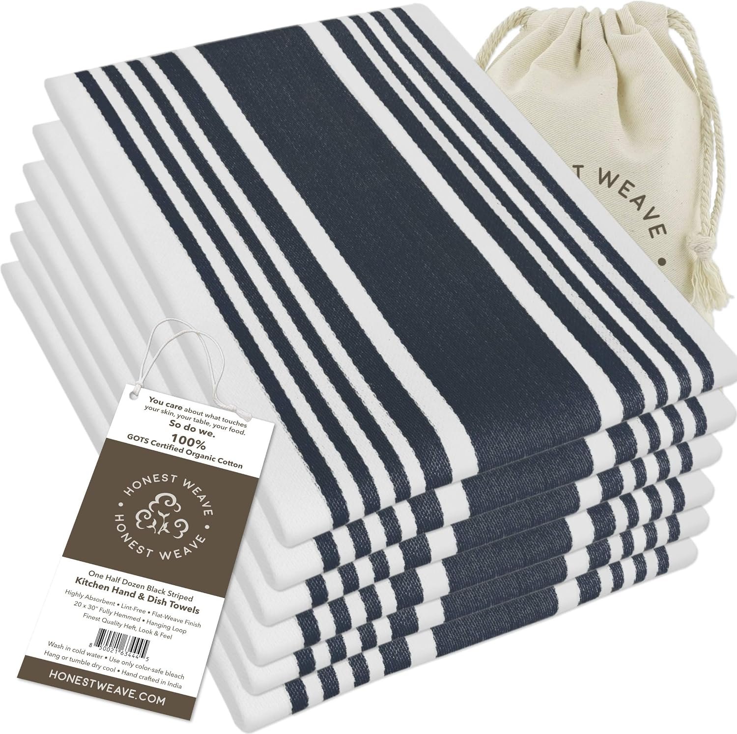 HONEST WEAVE GOTS Certified Organic Cotton Kitchen Hand and Dish Towel Sets – Oversized 20×30 inches, Fully Hemmed, in Designer Colors, 6-Pack, Black Stripe